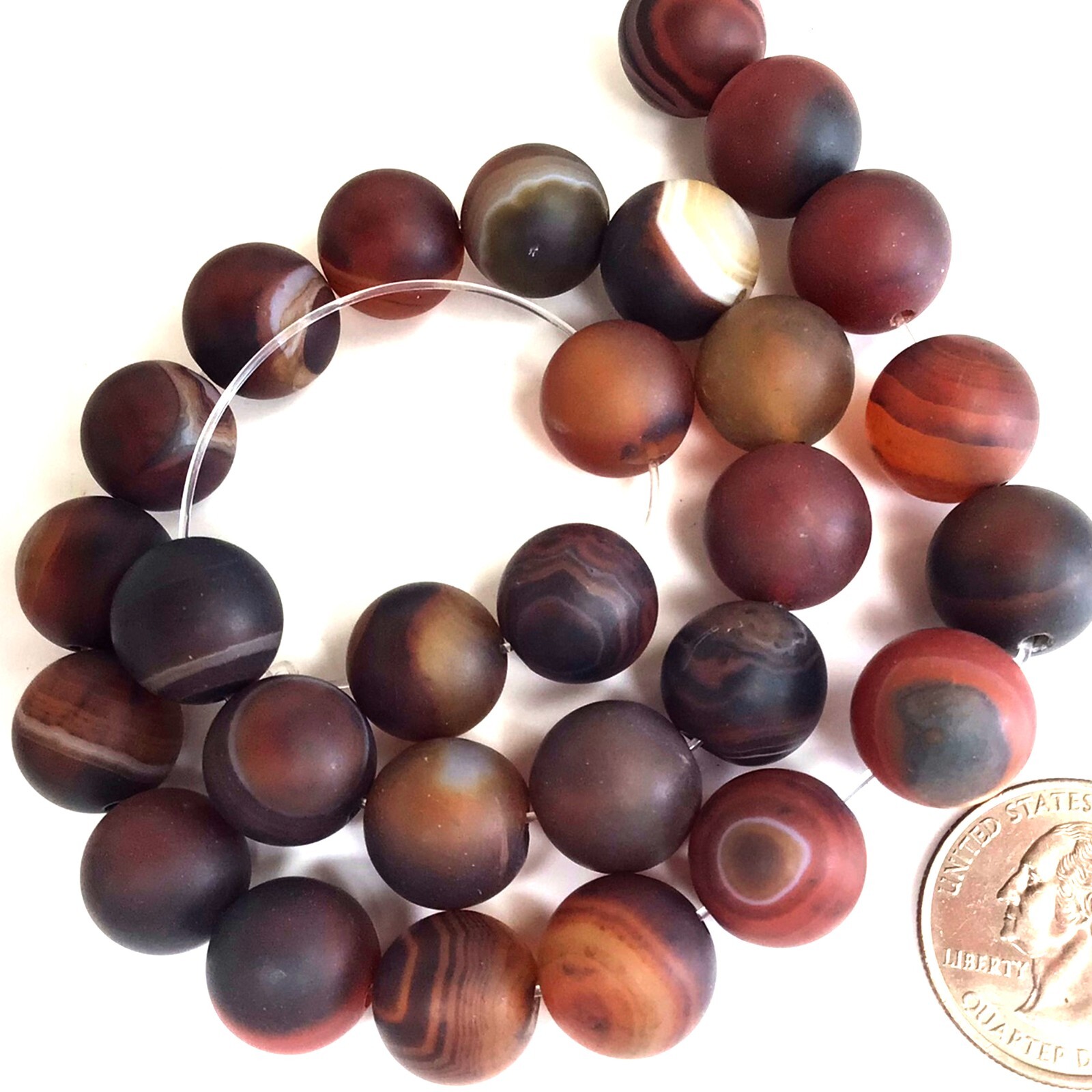 Matte Agate Brown Red Banded Lace Round Loose Beads 15″ 14mm Frost Semi Precious