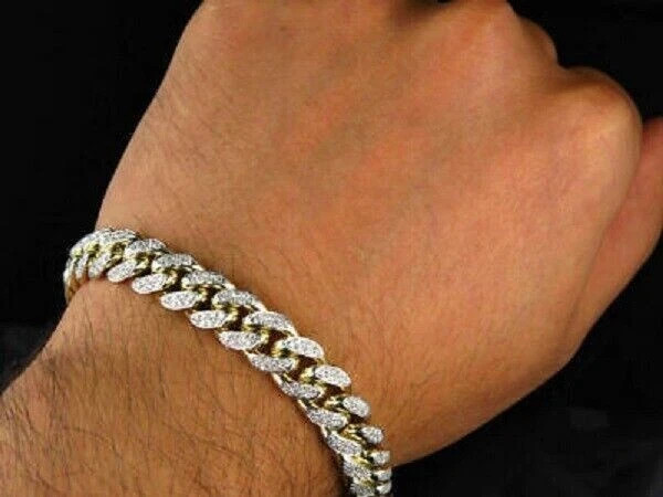 10Ct Round Cut Diamond Miami Curb Cuban Link Men’s Bracelet 14K Yellow Gold Over