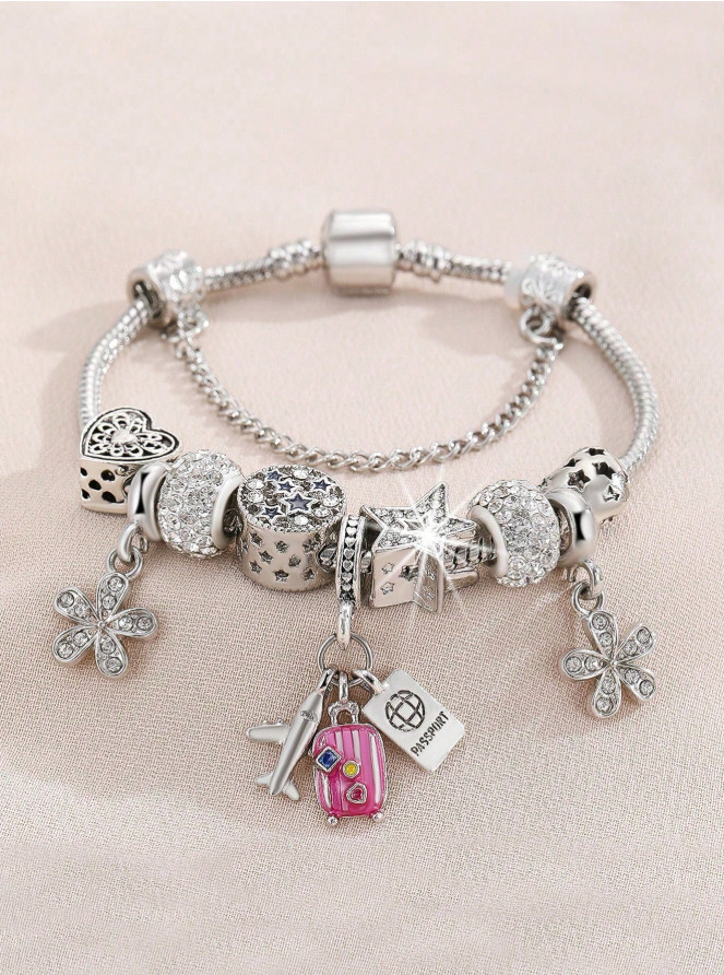 Travel Charm Bead Bracelet Airplane Passport Suitcase Pendant Gift Jewelry