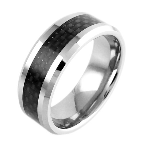 Tungsten Carbide Men’s Ring Silver with Black Carbon Fiber Stripe Wedding Band