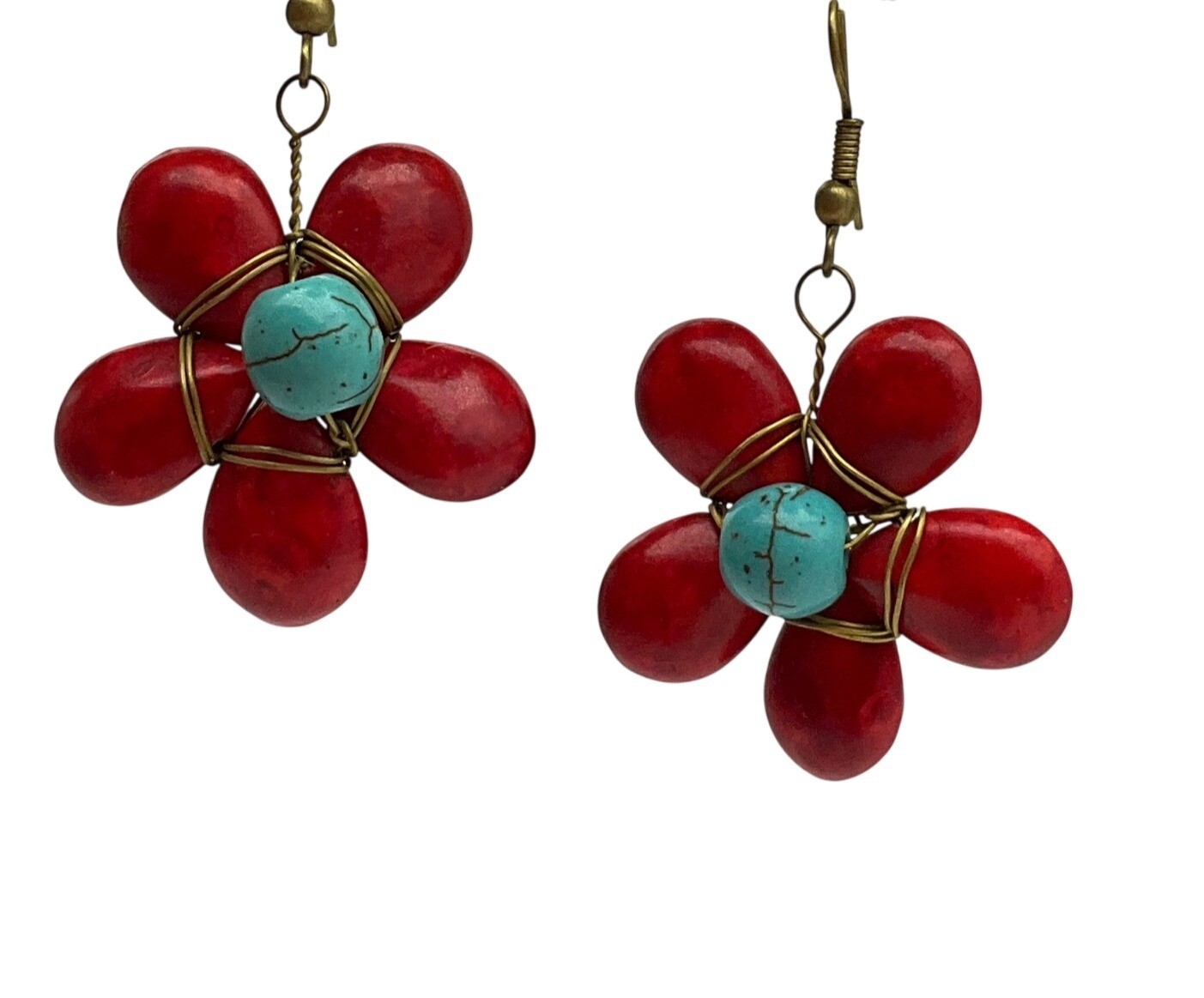 Artisan Handmade Ceramic Beads Red Turquoise Flower Earrings Wired Boho