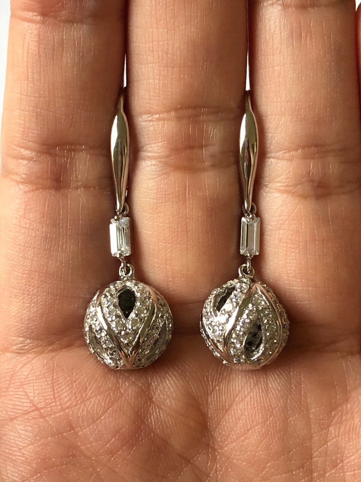 Unique Round & Baguette Clear CZ Spherical Shaped Style 925 Silver Earrings