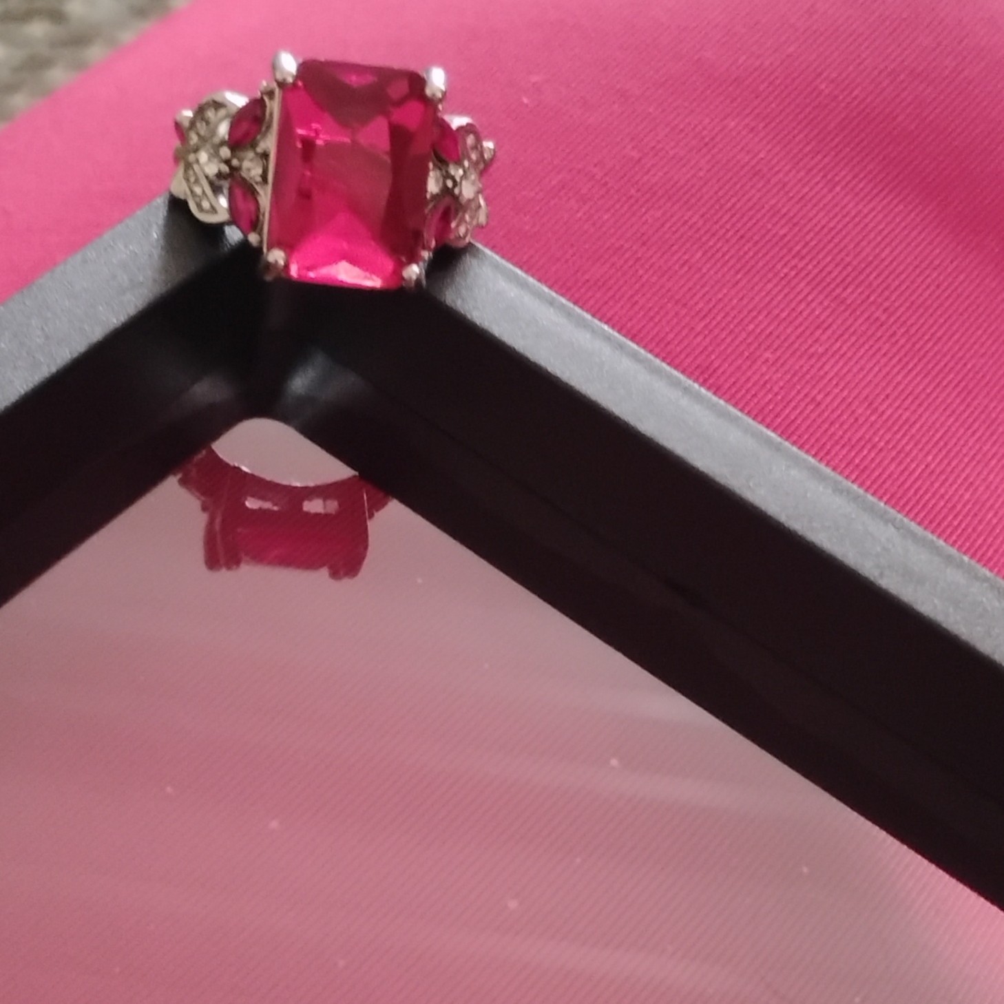 Silver Tone Cocktail Ring Size 7 Emerald Cut Pink Stone Prong Clear Accents