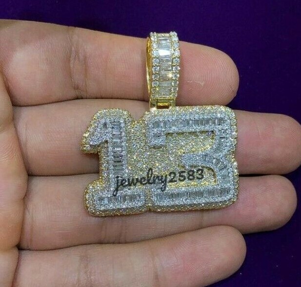 Men’s 2.76Ct Baguette Simulated Diamond Custom Number 13 Pendant 925 Silver