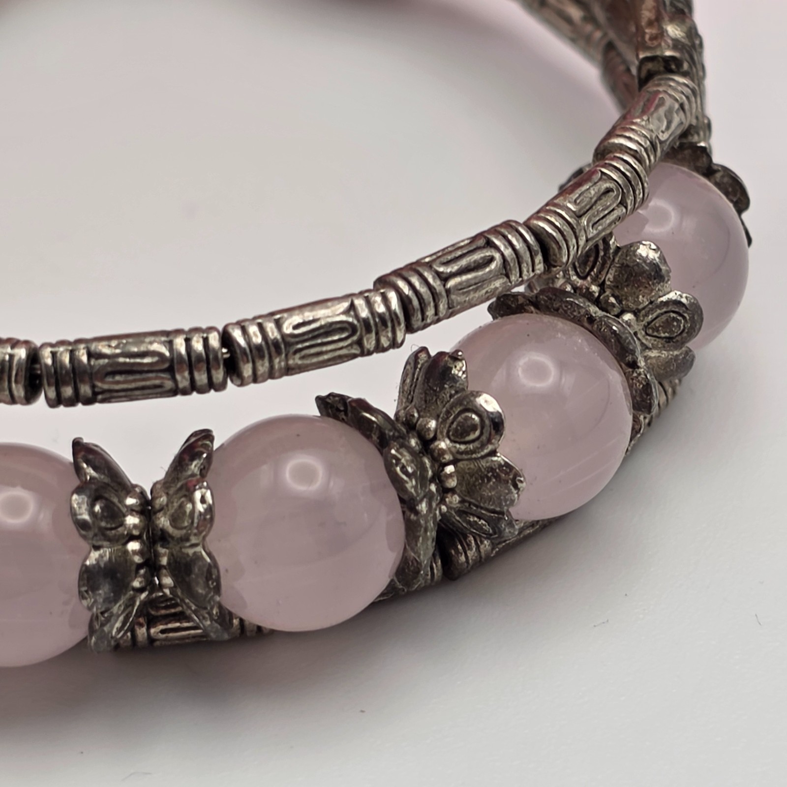 Rose Quartz Bead Bracelet Silver Tone Multi Strand Butterfly Bali Style 6.5in