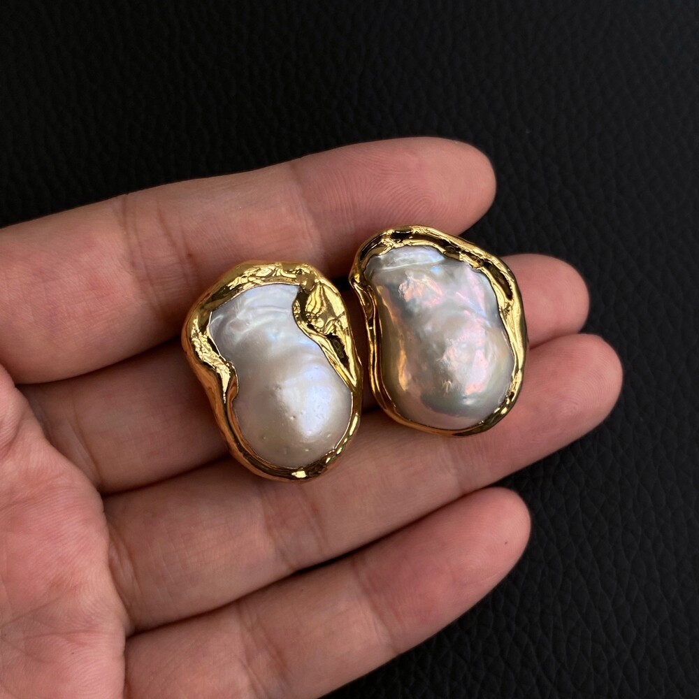 Cultured White Keshi Baroque Pearl Stud Earrings Gold Plated Stud