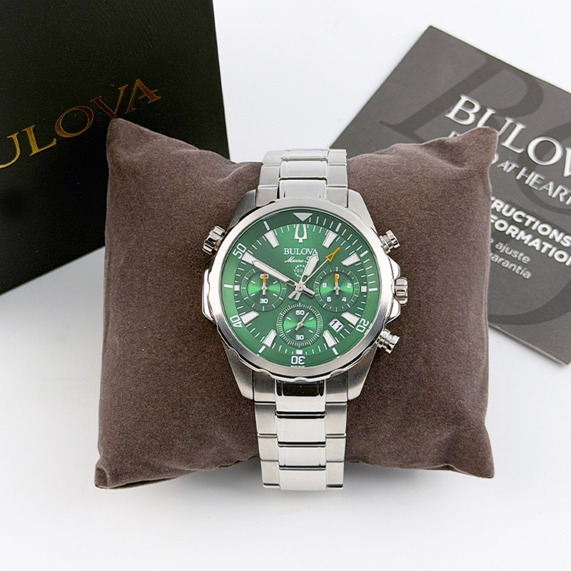 Bulova Marine Star Green Dial 96B396 Steel Men Quartz Watch 43mm Chronograph