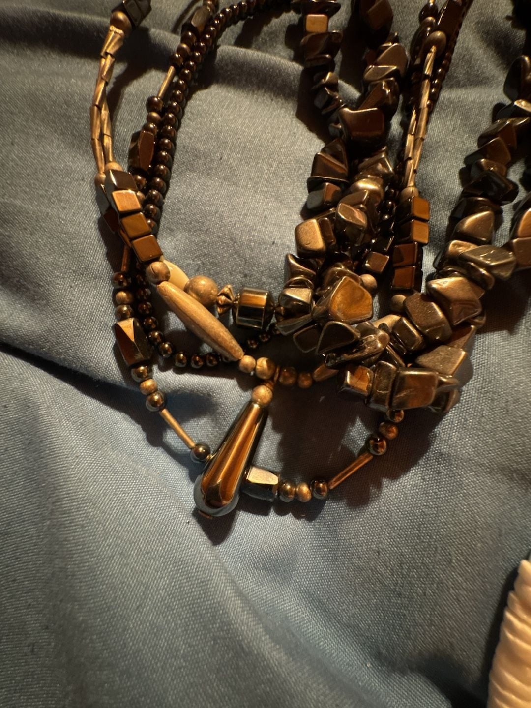 Multi-Strand Hematite Chip and Bead Necklace with Pendant