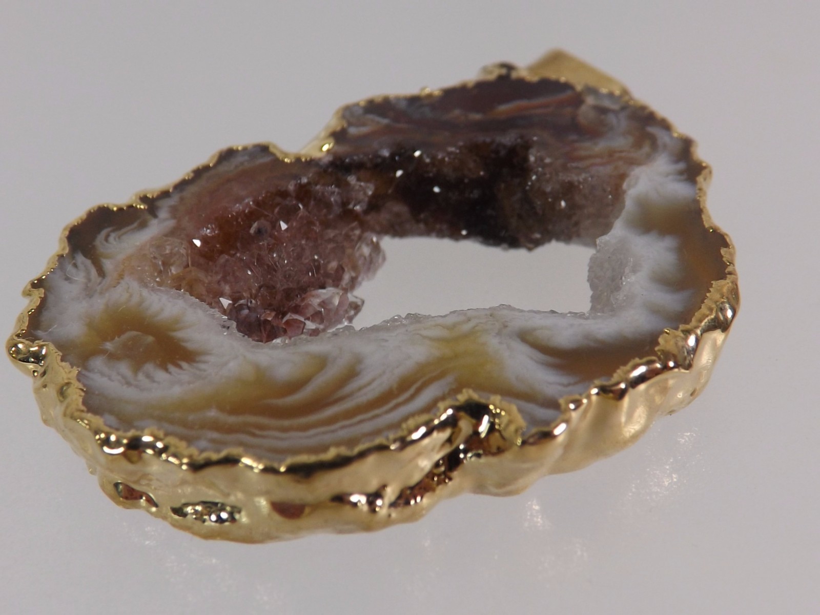 AGATE PENDANT CRYSTAL GEODE Slice, Unique Polished Natural Stone Brazil Gold Edg