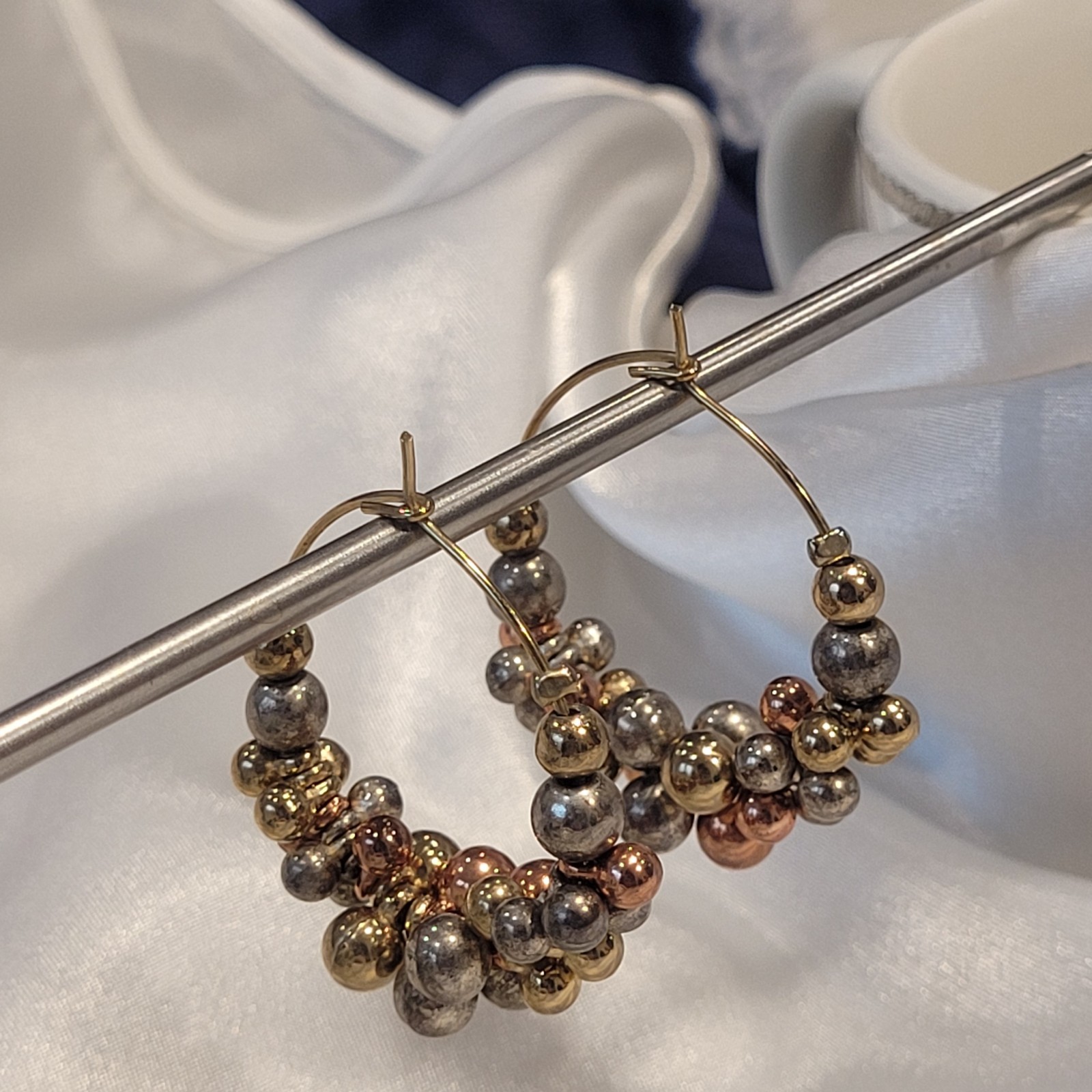 Wire Hoop Earrings Goldtone with Mixed Metal Balls 1.25 Inch