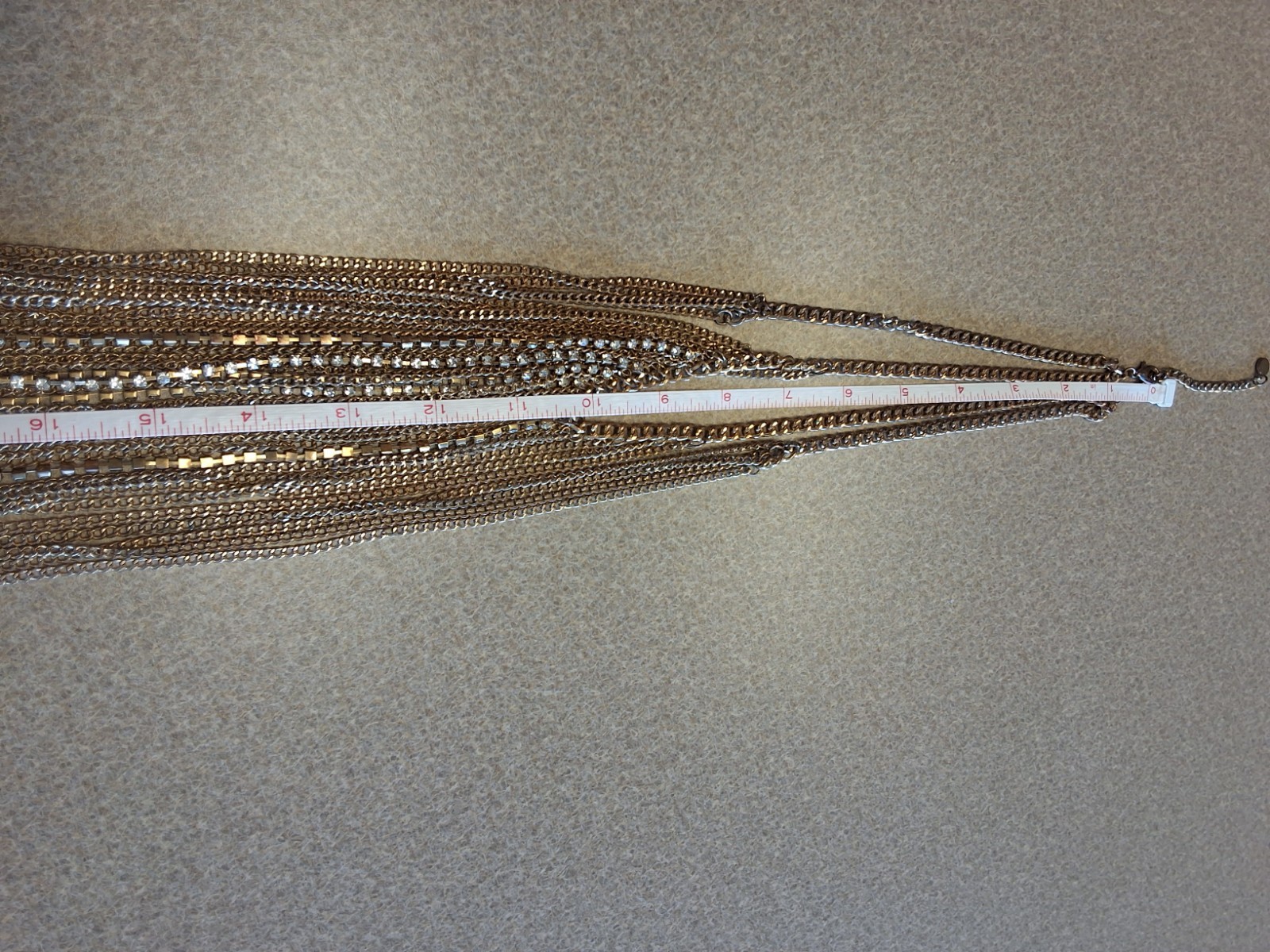 Signed BB Multi Strand Waterfall Gold Tone & Rhinestone Strand Necklace.