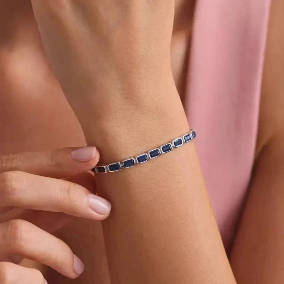 12 Ctw Emerald Cut Created Blue Sapphire Tennis Bracelet 14K White Gold Plated