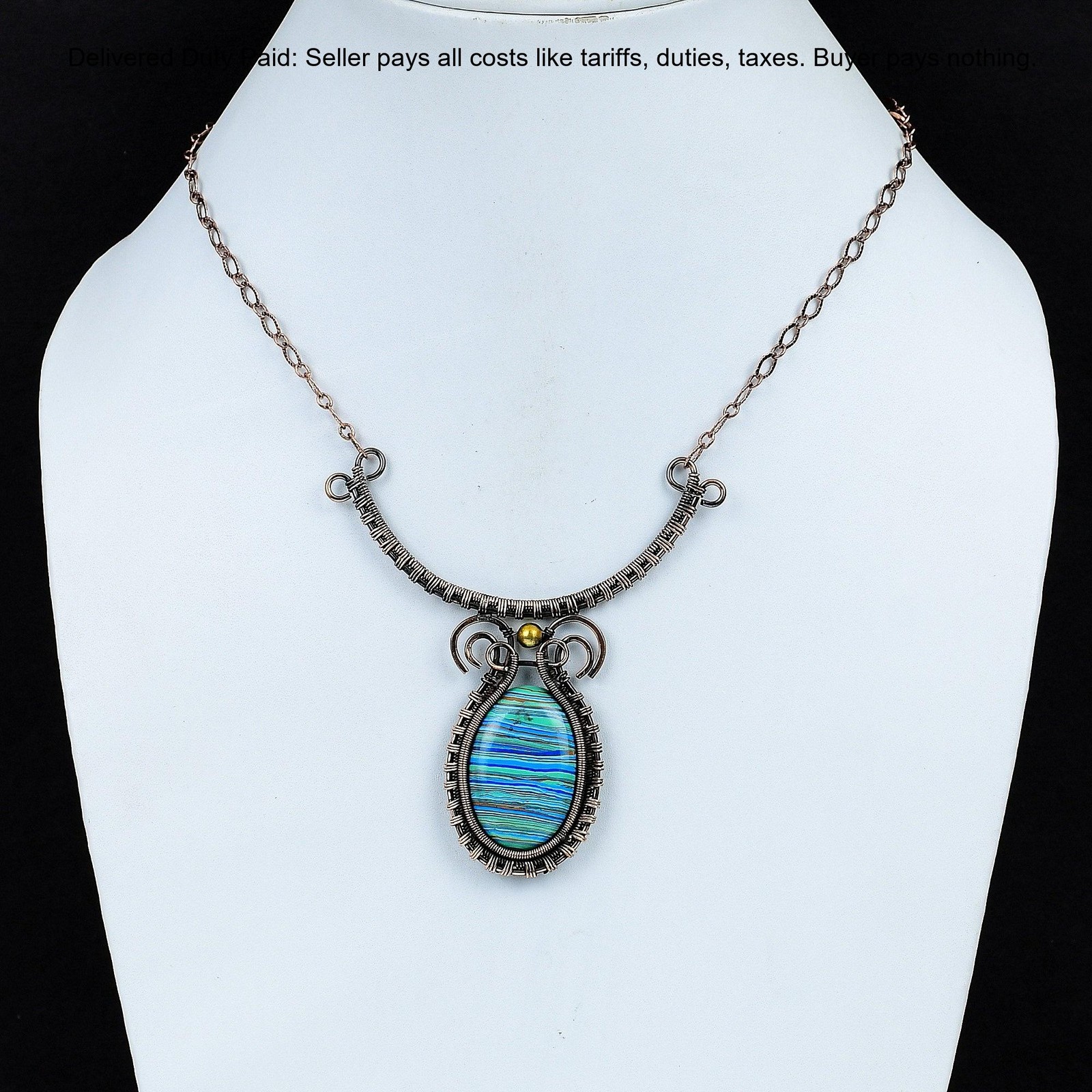 Copper Rainbow Calsilica Stone Chain Wire Wrapped Engagement Necklace Jewelry