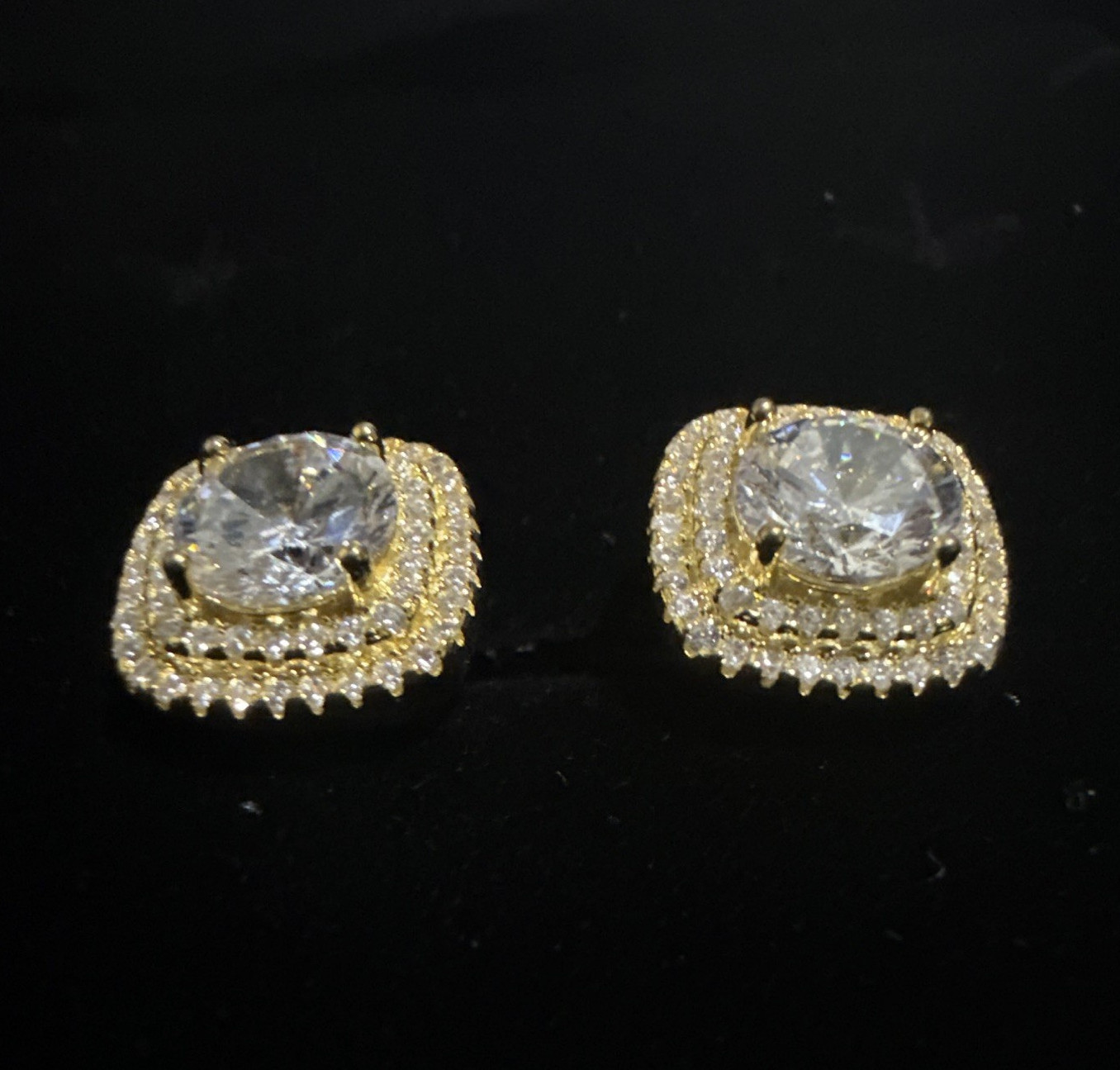 Gold Tone Clear Crystal Halo Cluster Square Stud Earrings Butterfly Back