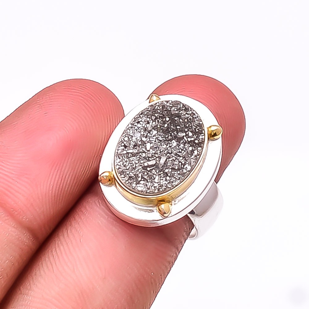 Silver Titanium Agate Drusy Two Tone Designer 925 Sterling Silver Ring S.8 R9