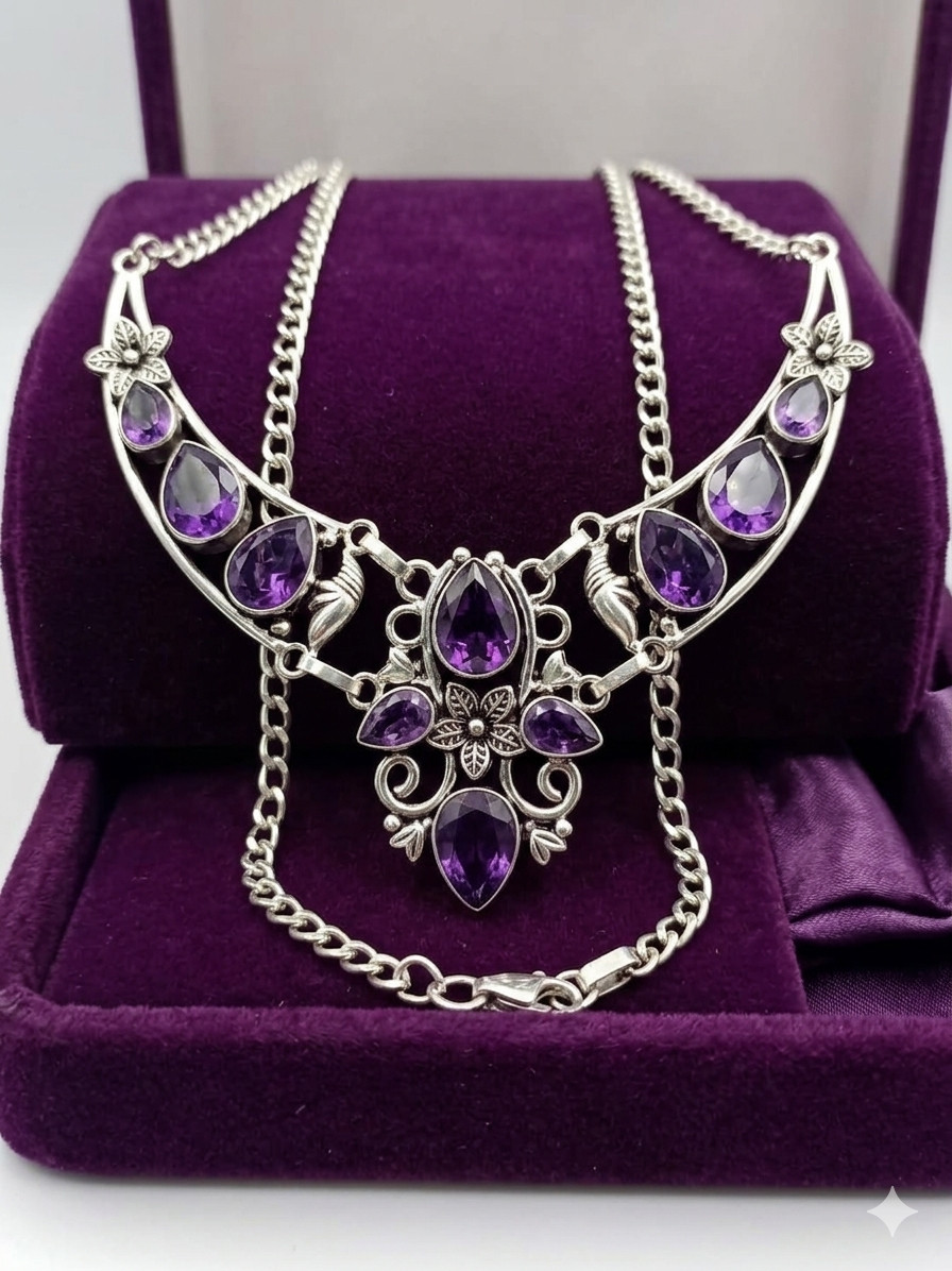 925 Sterling Silver Purple Amethyst Gemstone Statement Bib Necklace Jewelry 18″
