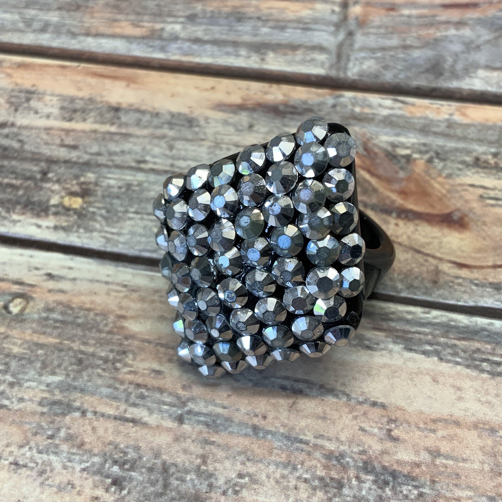 Large silver and black studded bling plastic ring size 7