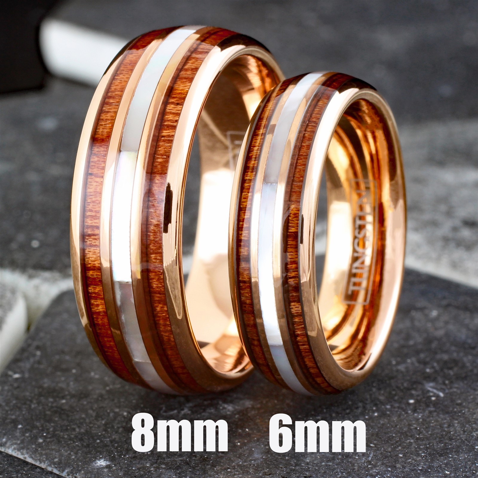 8mm Men’s Rose Gold Plated Tungsten Mother of Pearl & Koa Wood Wedding Band Ring