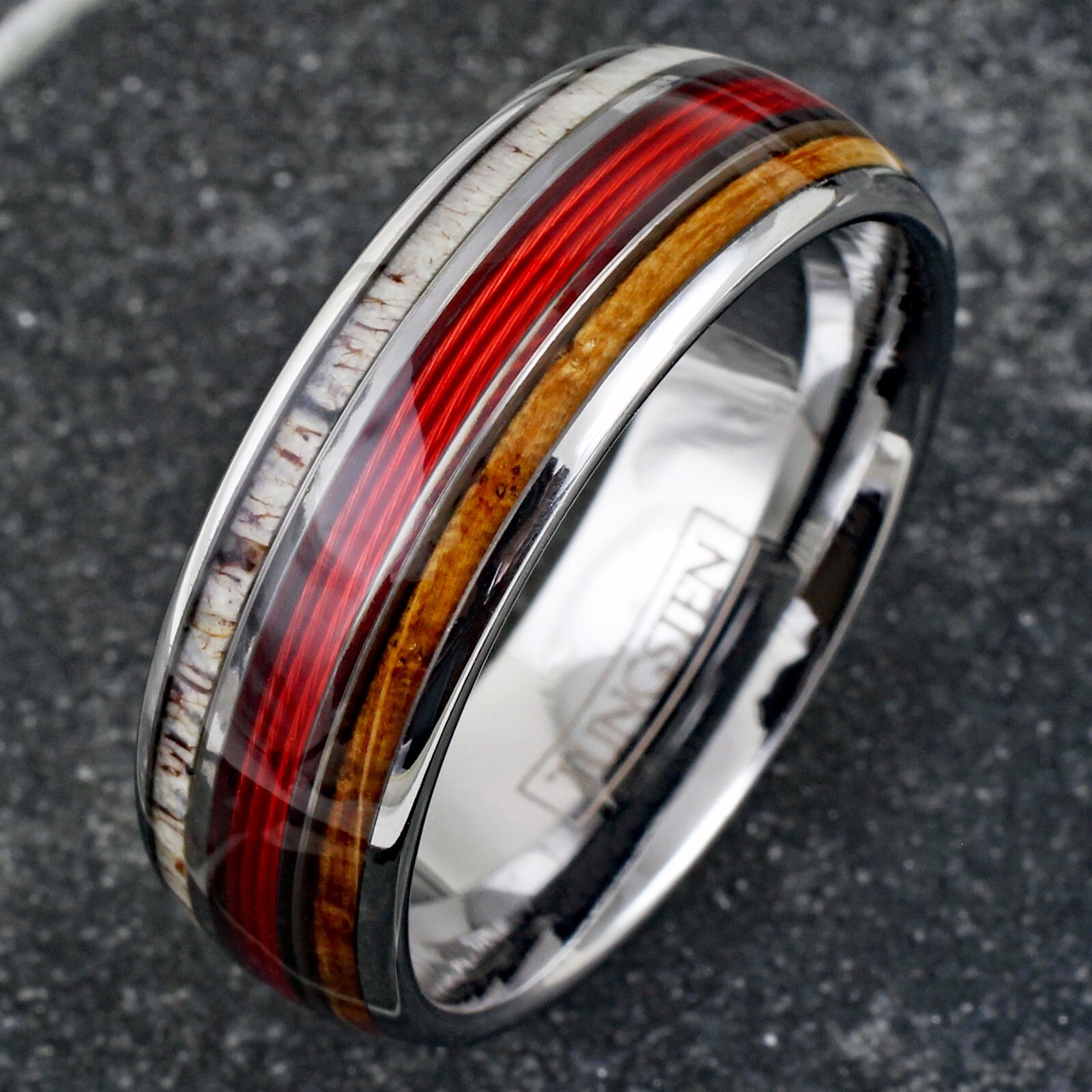 Tungsten Carbide Men’s Ring Red Fishing Line-Whiskey Barrel & Deer Antler Band