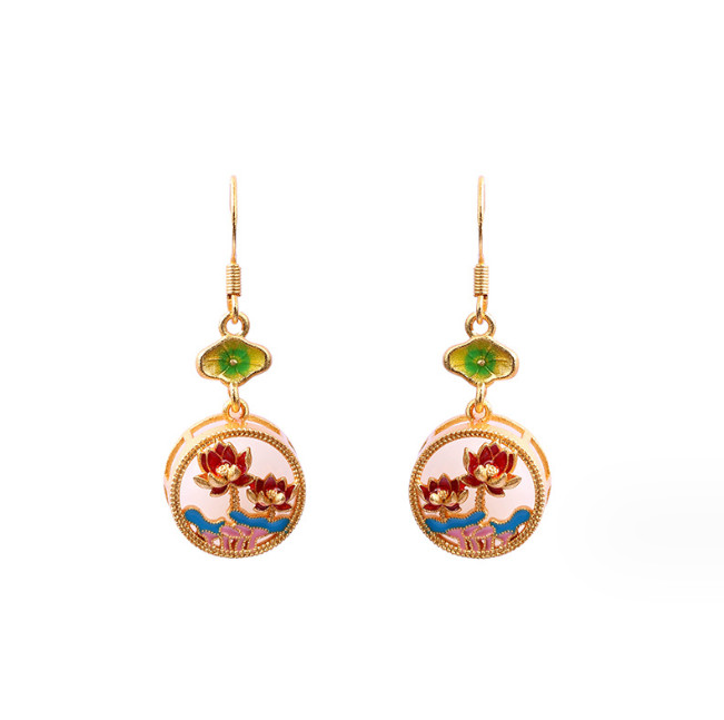 Jade Enamel Drop Dangle Earrings Retro Flower Dainty Gemstone 18K Gold Plated