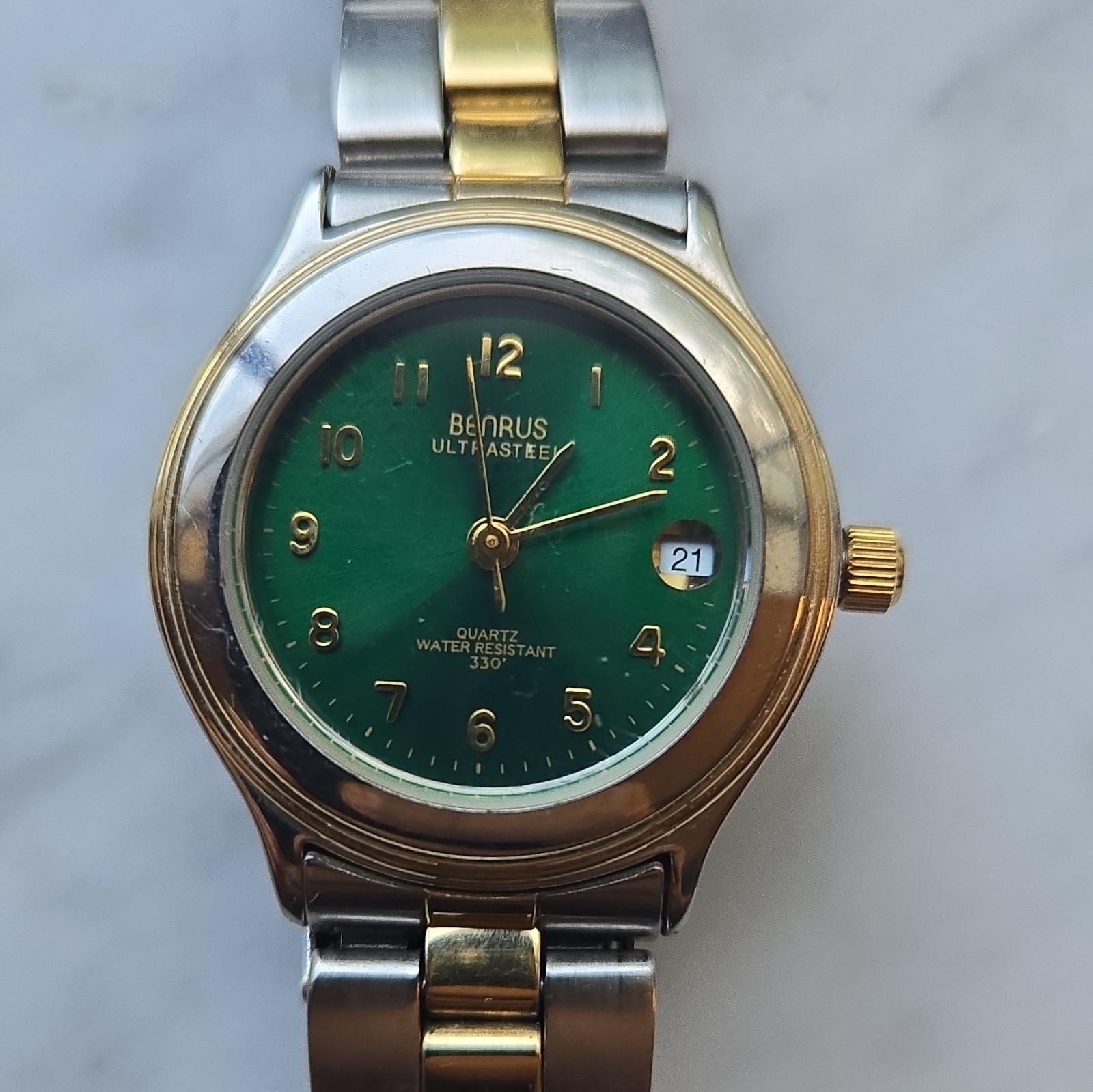 Benrus Ultrafast Quartz Green Dial Date Two-Tone SS Watch 33mm 30m WR Needs Batt