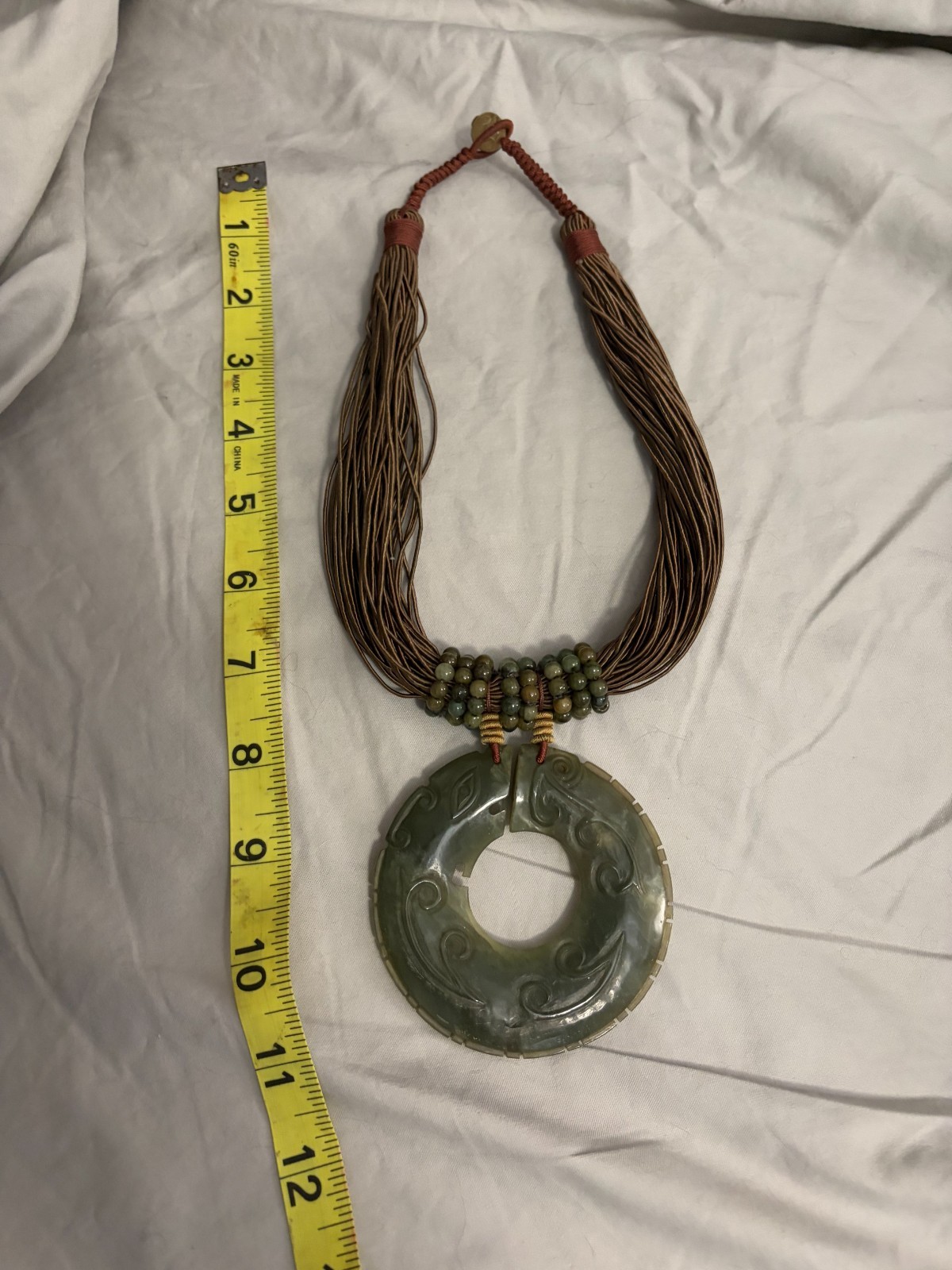 Carved Celadon Jade Bi Disc Statement necklace with Multi-strand Cord