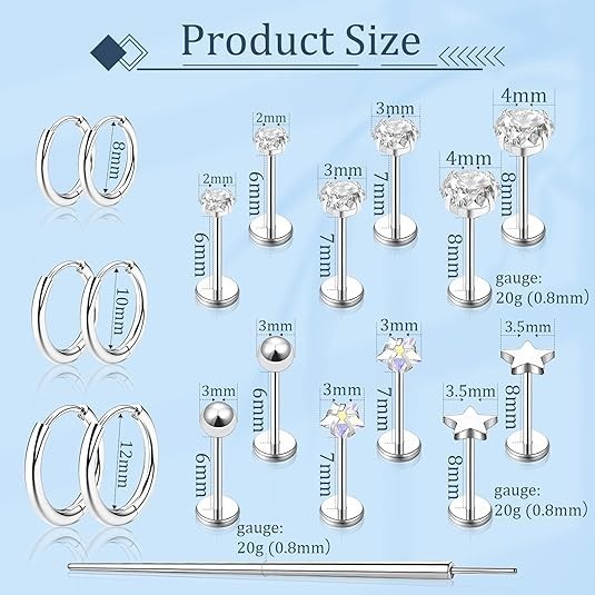 Flat Back Stud Earrings Cartilage Small, Sliver/Gold-20G(0.8mm) For Women Man