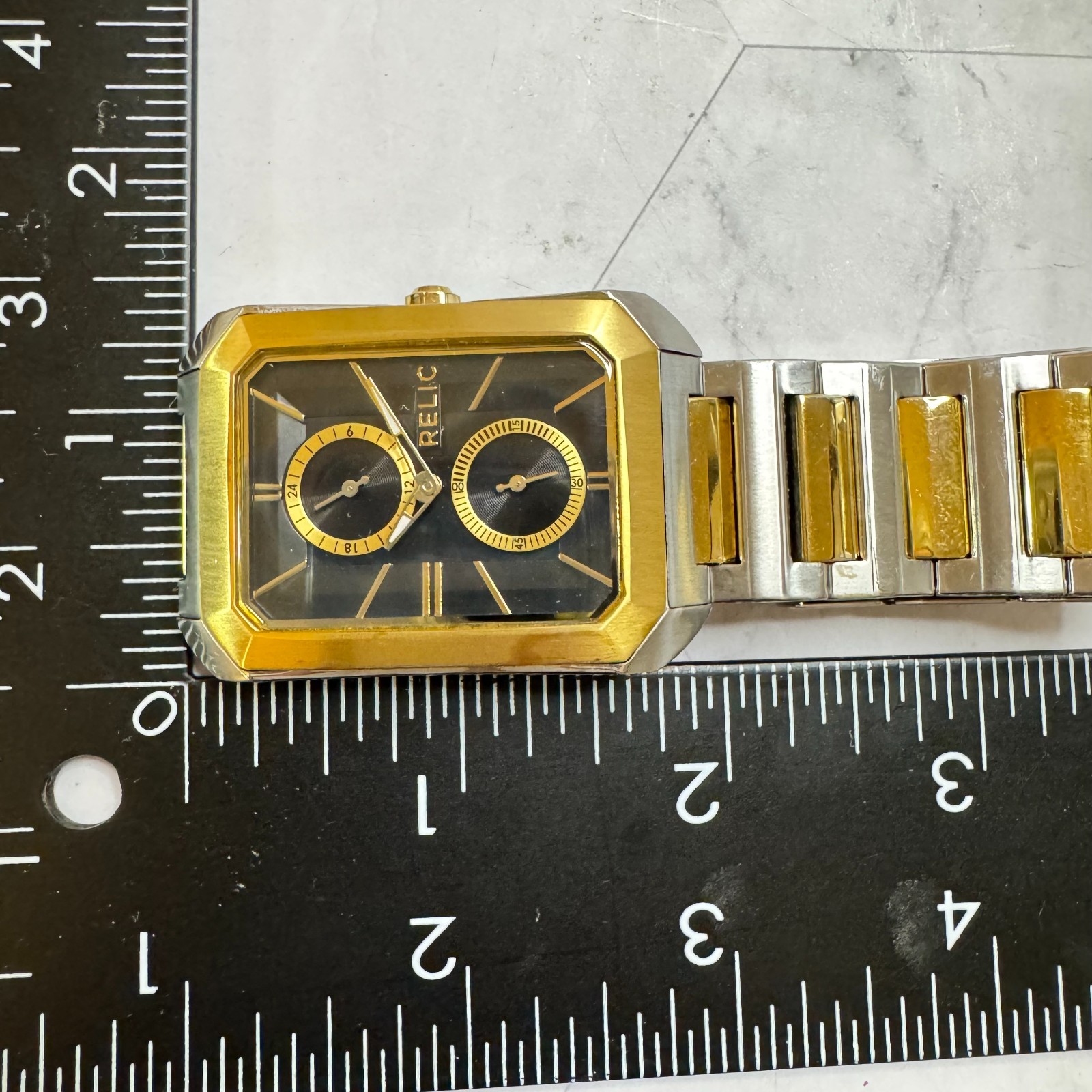 Relic by Fossil Men’s Watch Rectangle Black Gold Tone ZR77256 Dress Formal EUC