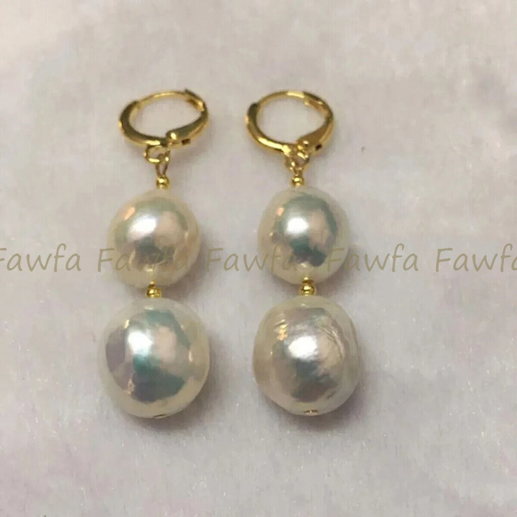 12-15mm Huge Natural White South Sea Keshi Edison Baroque Pearl Dangle Earrings