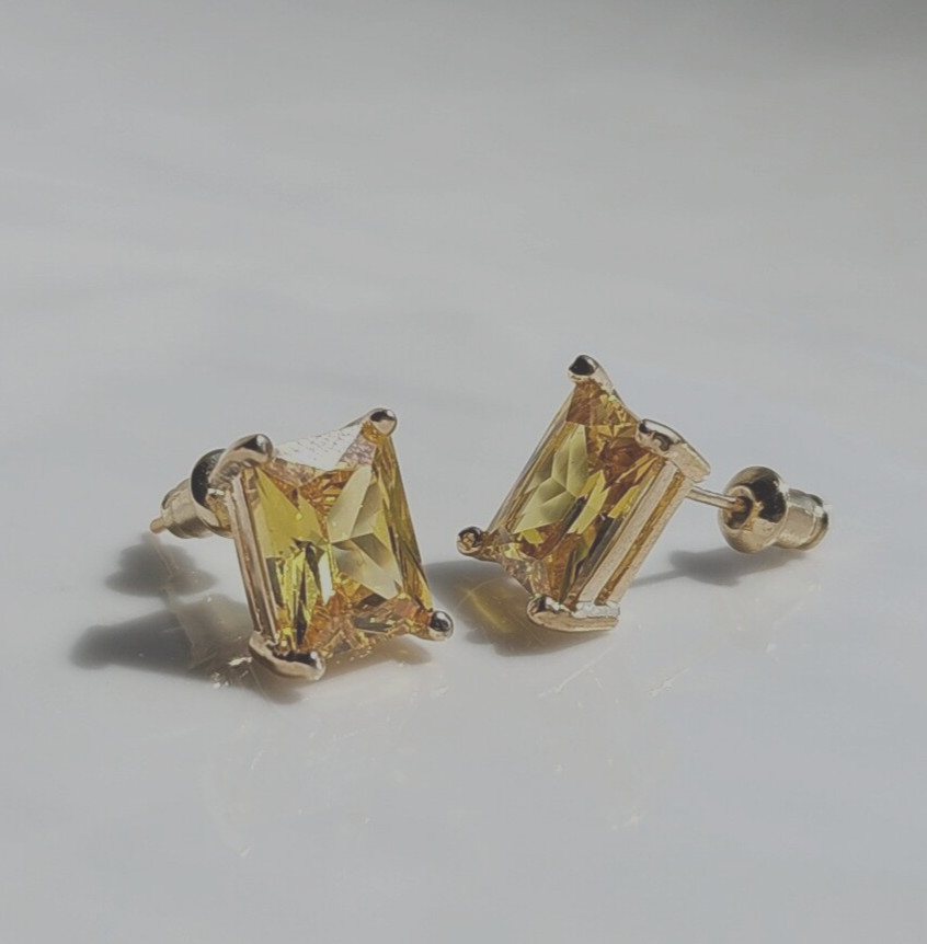 8CT Yellow Citrine Rectangle Stud Earrings 14k Yellow Gold Plated in 925 Sliver