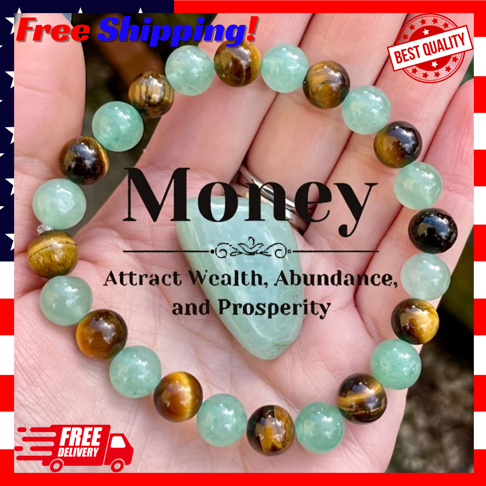 Money Good Luck Bracelet Green Aventurine Tiger Eye Stone Healing and Bracelet