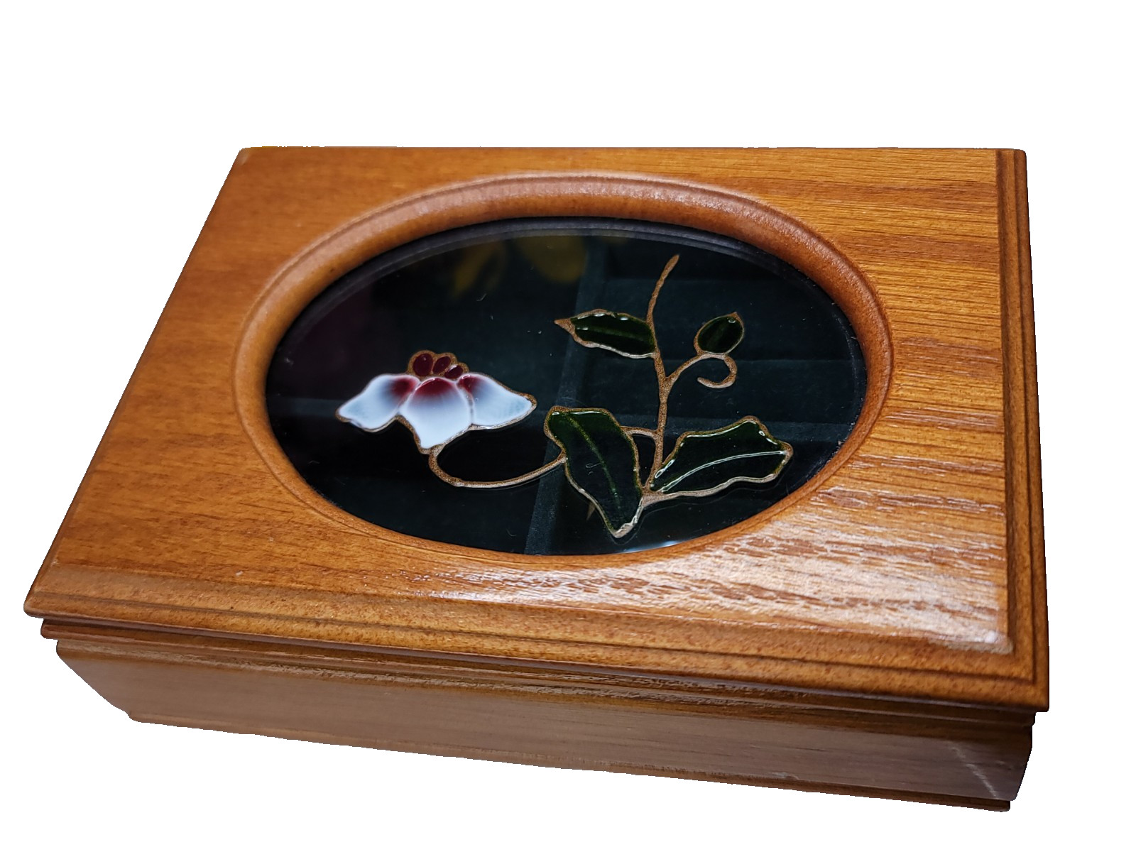 Vintage Wooden Jewelry Box Oval Glass Top Floral Design Green Velvet Lined Compa