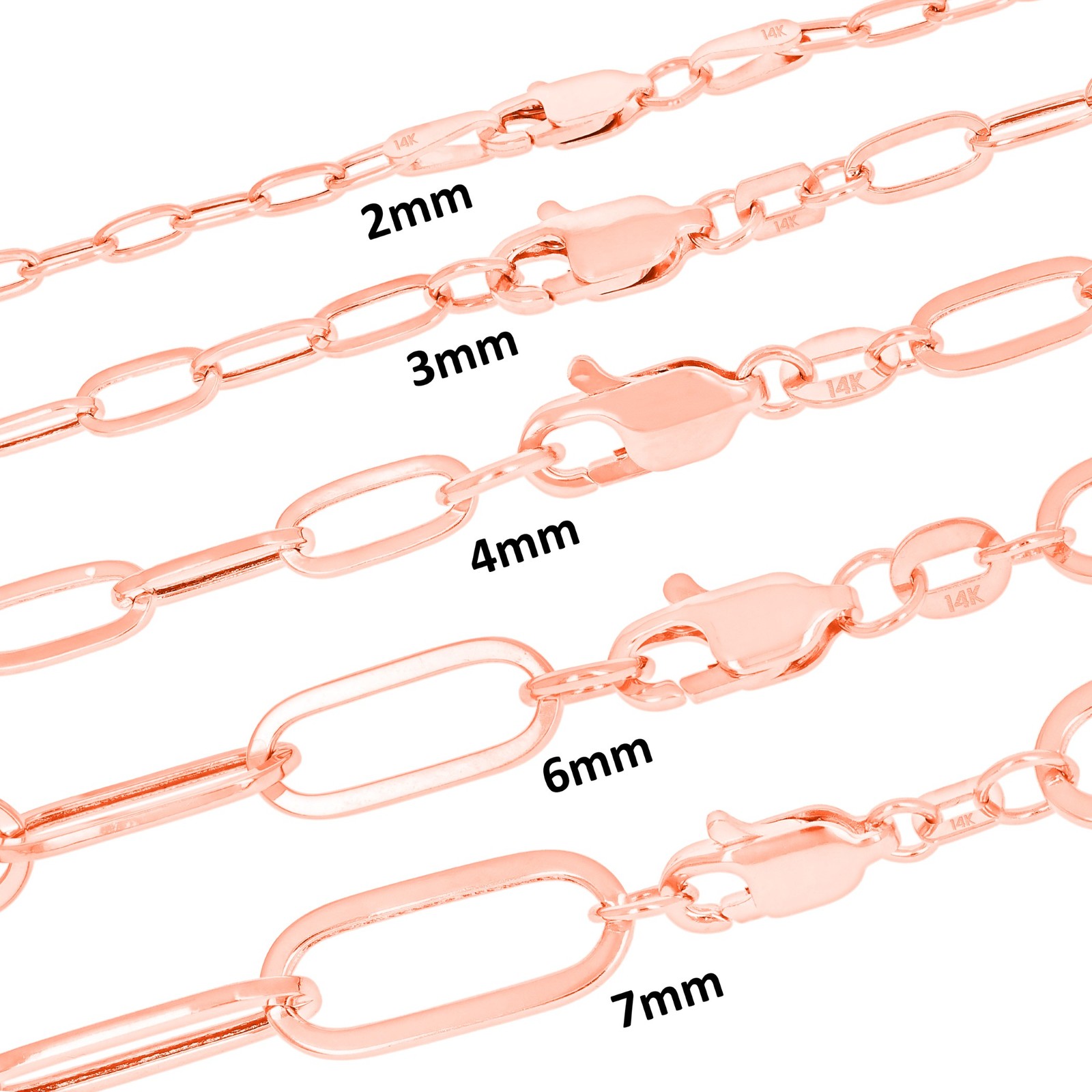 14k Rose Gold Paperclip 2mm-7mm Cable Chain Bracelet Necklace Mens Women 7″-24″