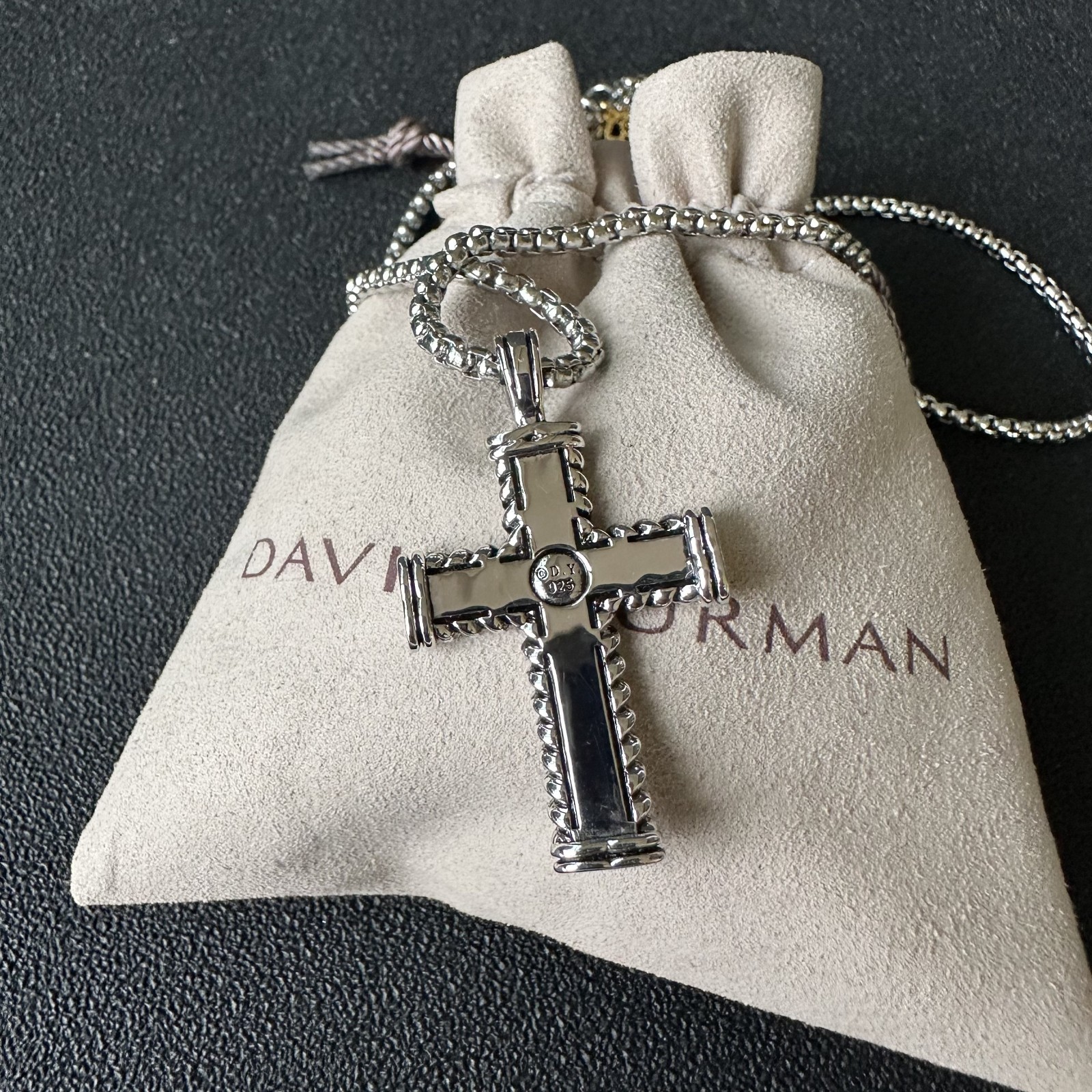 David Yurman Chevron Cross Pendant Necklace 925 Sterling Silver w/ Diamonds 19″