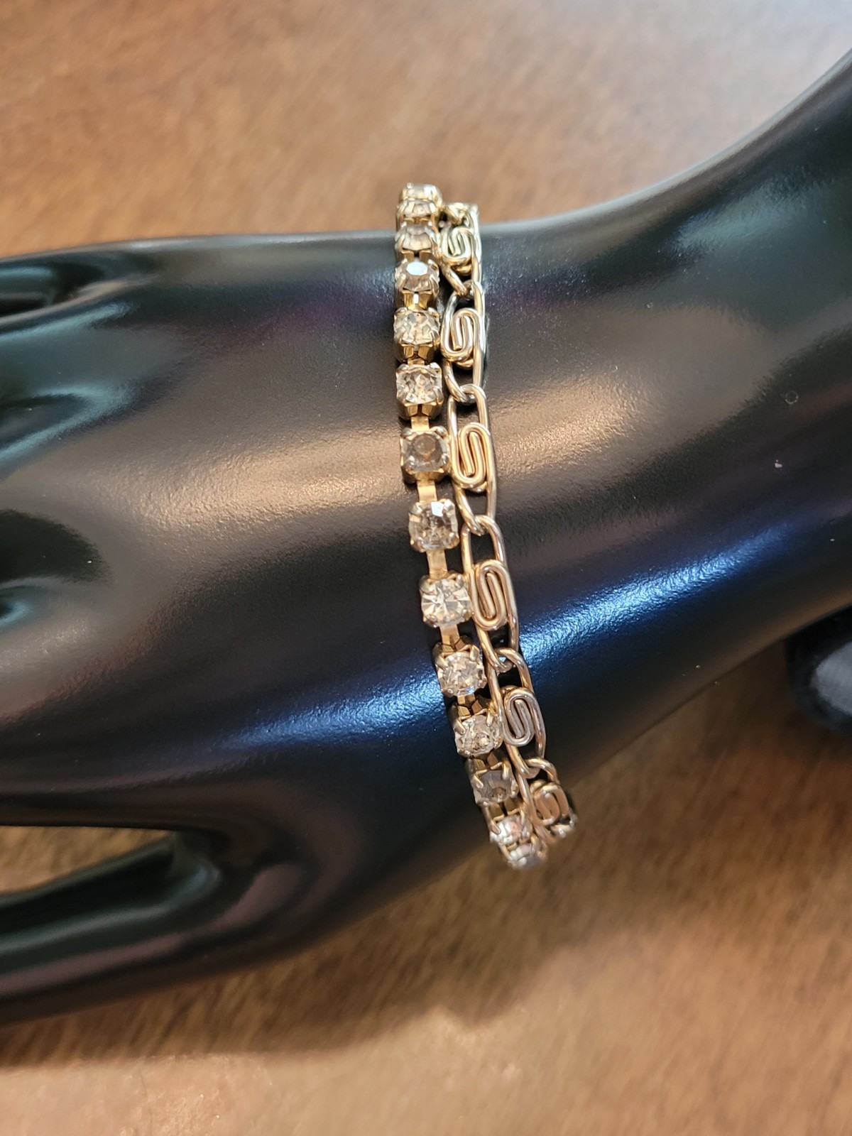 VTG Gold Tone Clear Crystal Prong Set Tennis Paperclip Link Bracelet Snap Clasp