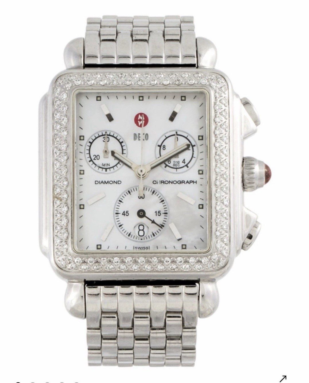 MICHELE Deco 33mm Diamond Bezel Chronograph Quartz Date Silver Bracelet