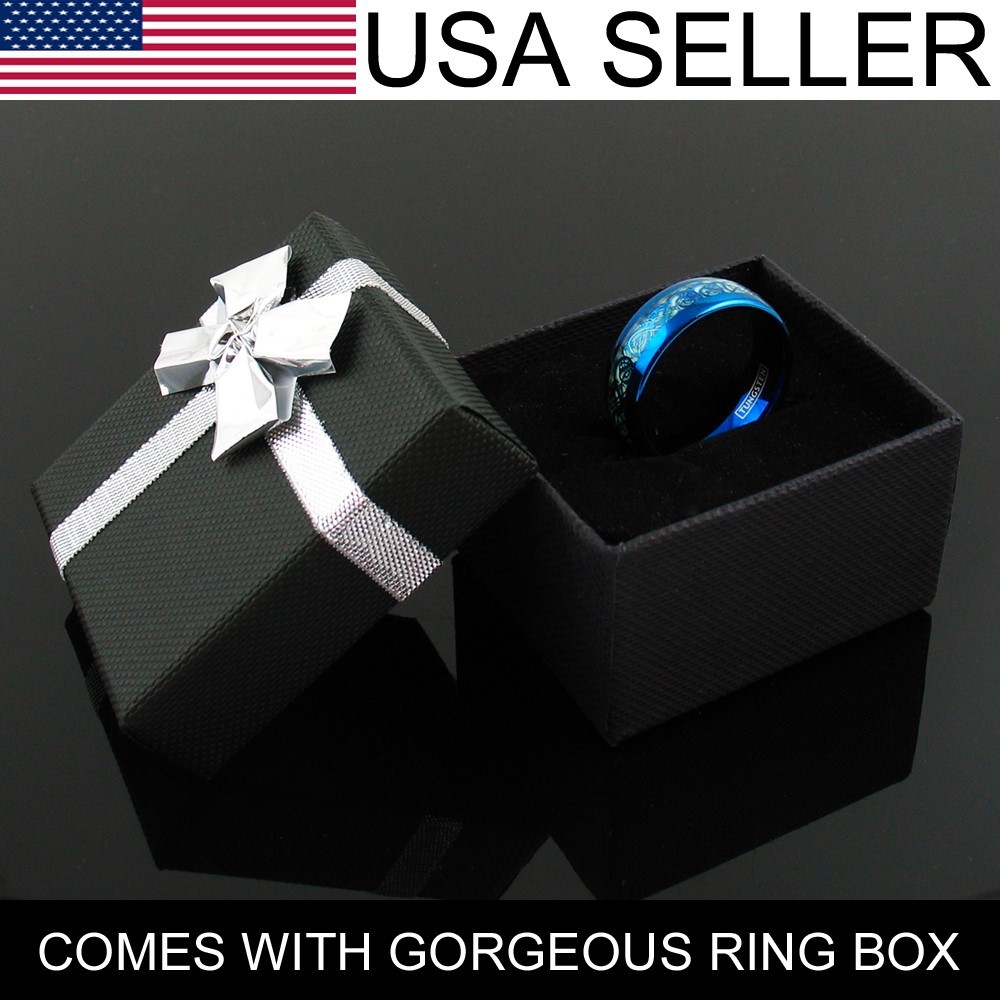 8mm Blue Tungsten Men’s Ring Celtic Dragon *Glow in the Dark* Wedding Band