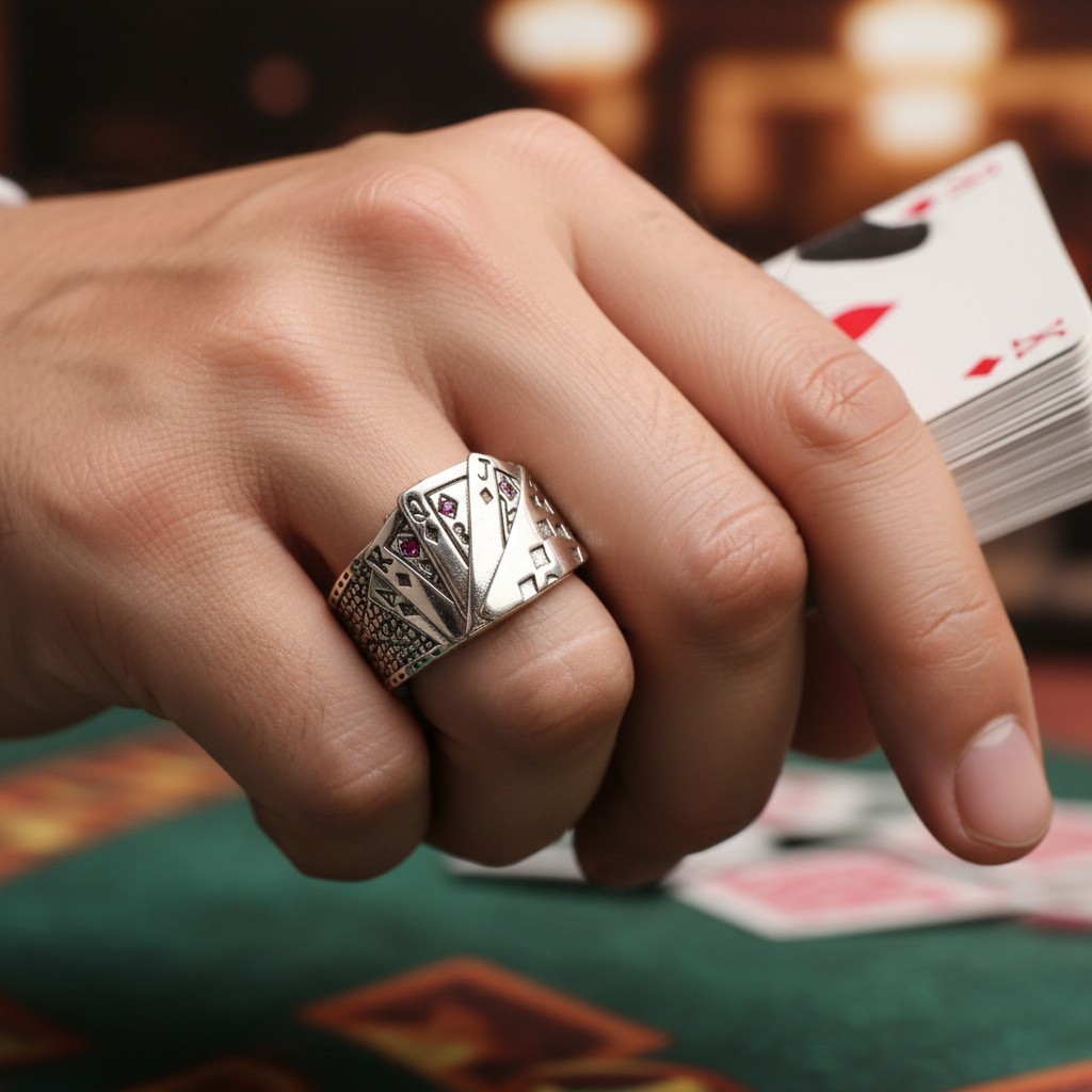 Mens 925 Silver Plated Ring Adjustable Royal Flush Playing Card Resizable Sterli