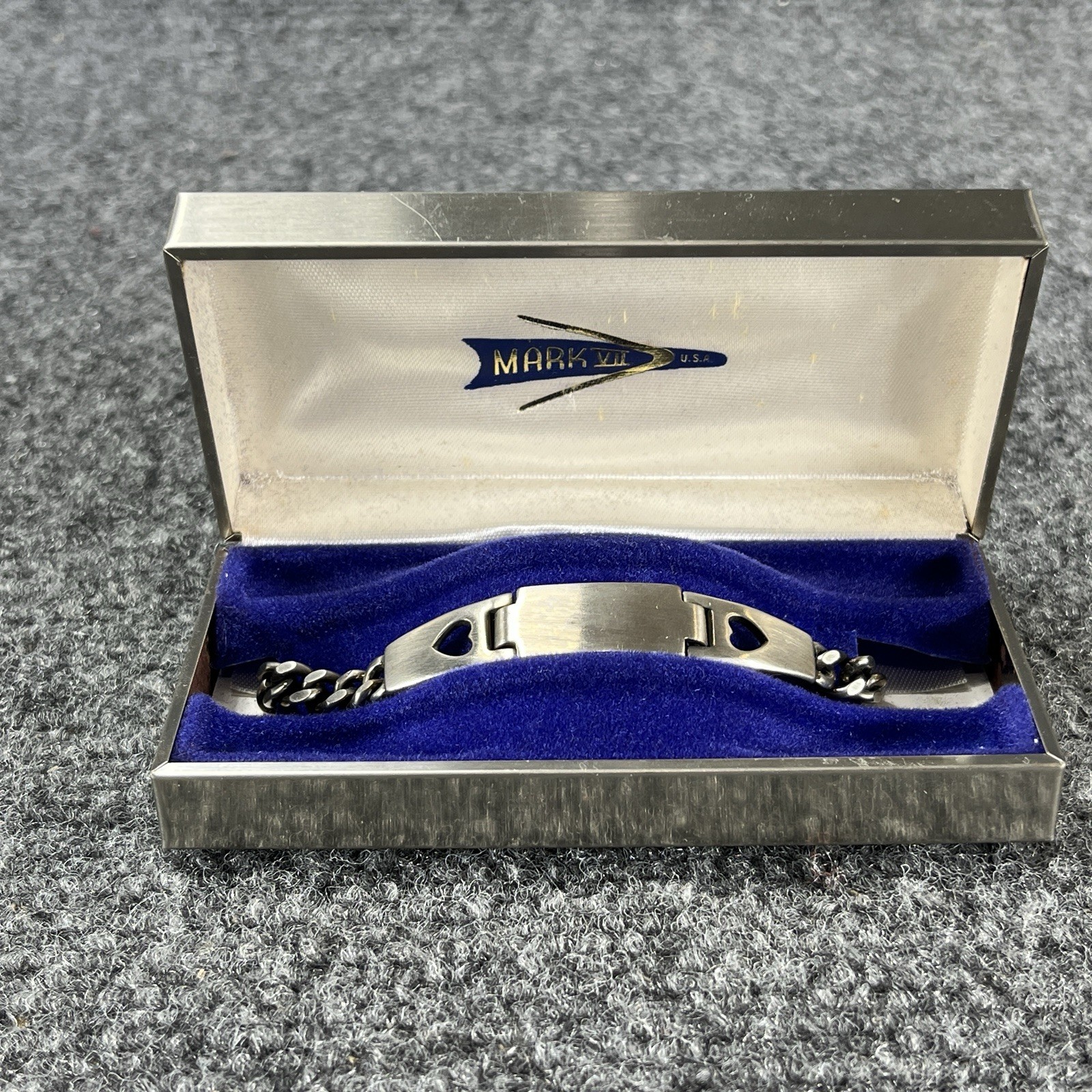 Vintage Mark VII Silver ID 7″ Bracelet BLANK Made in USA Heart Hearts Identity
