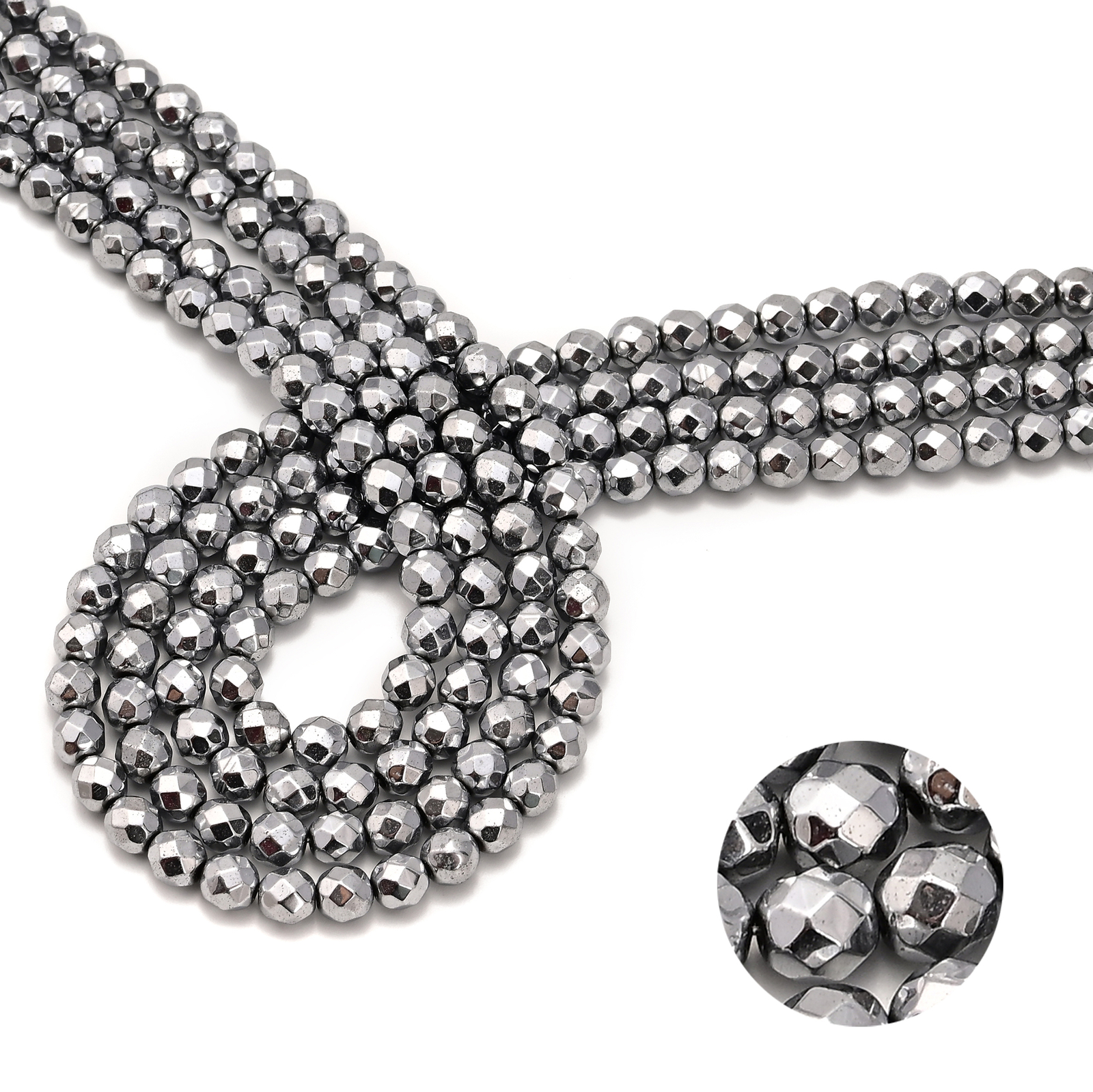 Silver Hematite Faceted Round Beads 2mm 3mm 4mm 6mm 8mm 10mm 12mm 15.5″ Strand