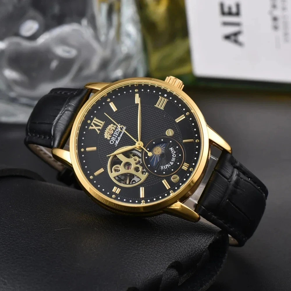Sun & Moon Semi-Skeleton Automatic Men’s Watch – Leather Strap Luxury Gift