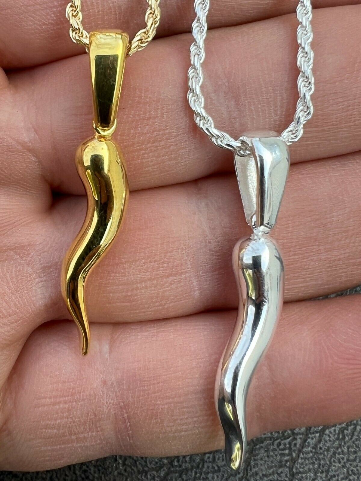 Real 925 Silver / Gold Plated Italian Cornicello Horn Pepper Pendant Necklace