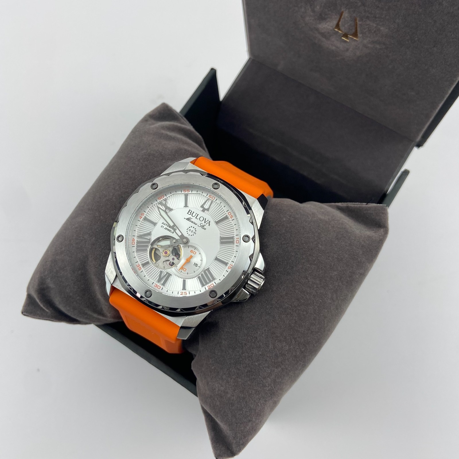 Bulova Marine Star 98A226 Automatic Watch White Dial Orange Rubber Strap 45mm