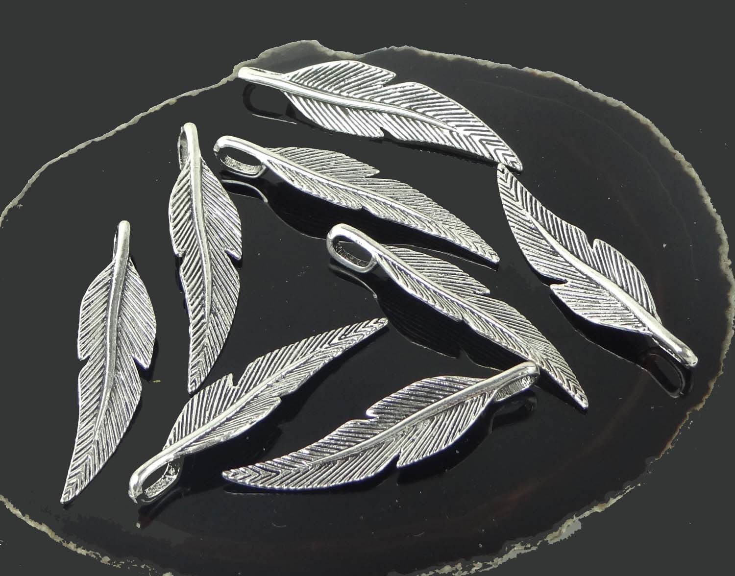 8 Feather Charms Antique Silver Pewter Bohemian Boho Pendants 46x11mm