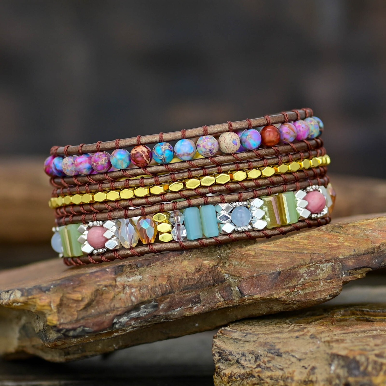 Natural Sea Sediment Jasper Leather Wrap Bracelet Handmade Beaded Cord Women’s