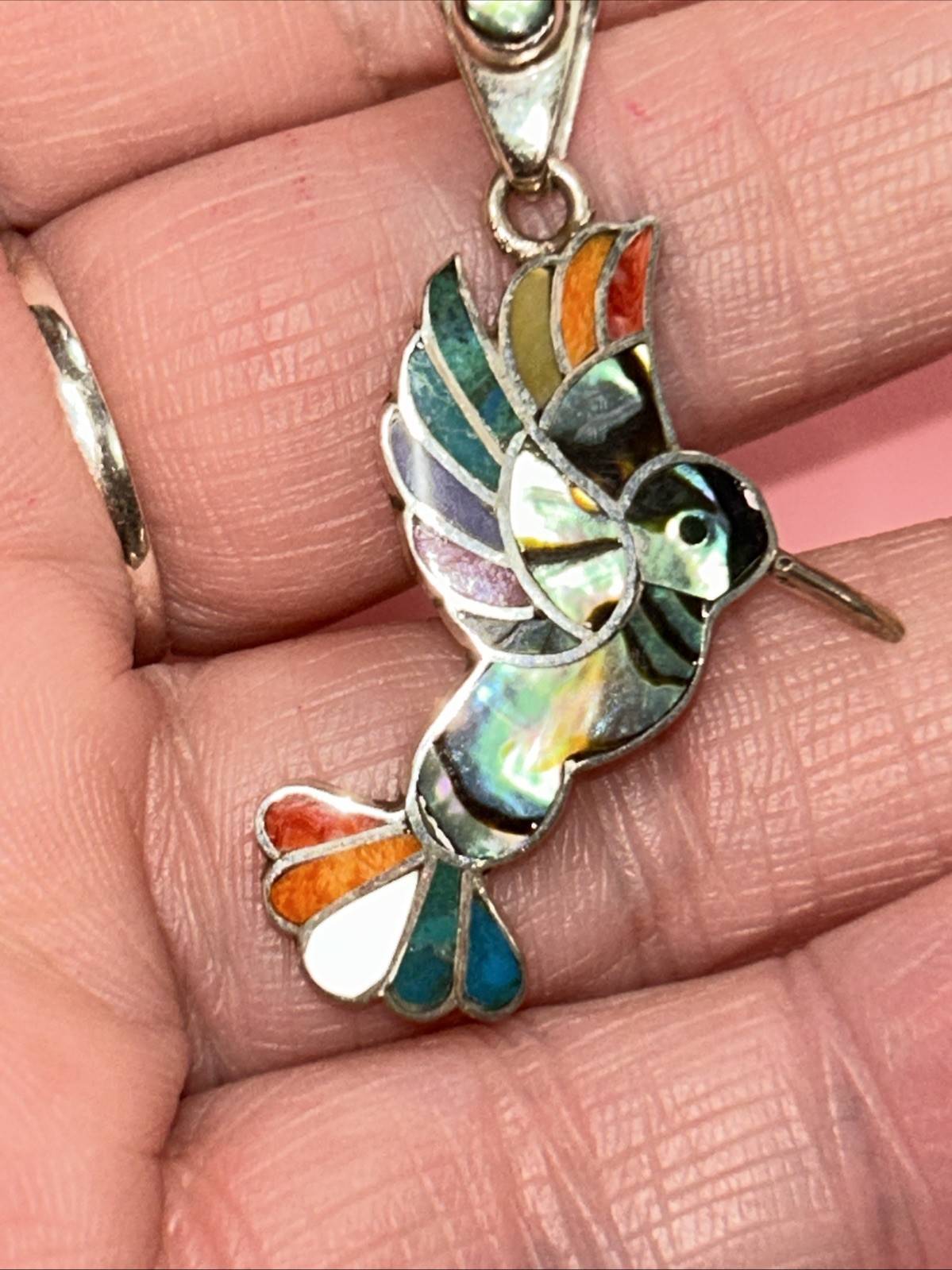 950 Silver Handmade Inlay Hummingbird Abalone Pendant From Peru 1.75”