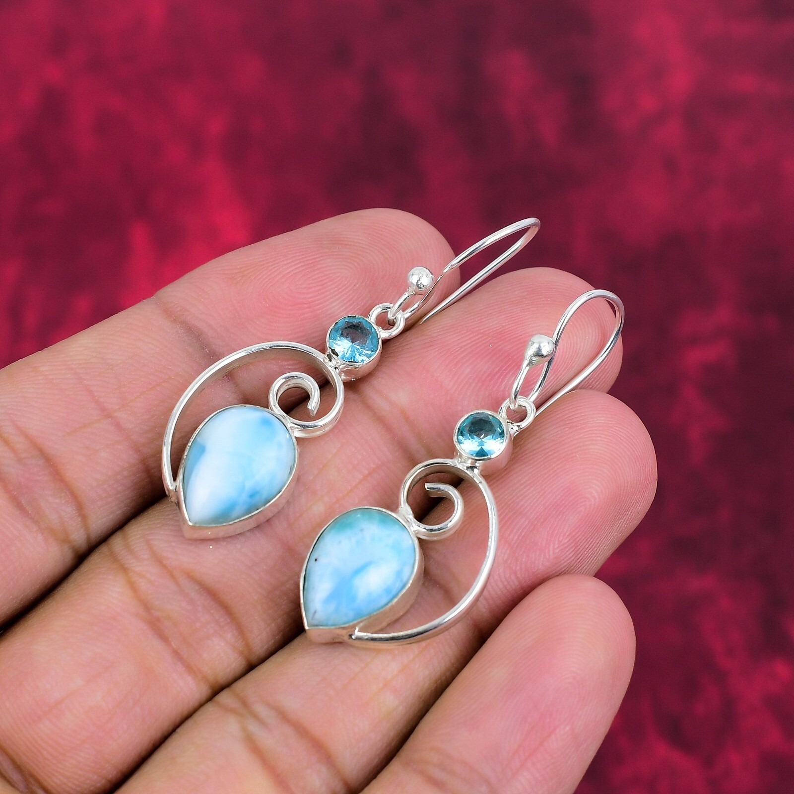 Larimar, Blue Topaz Gemstone Handmade 925 Silver Earrings Jewelry