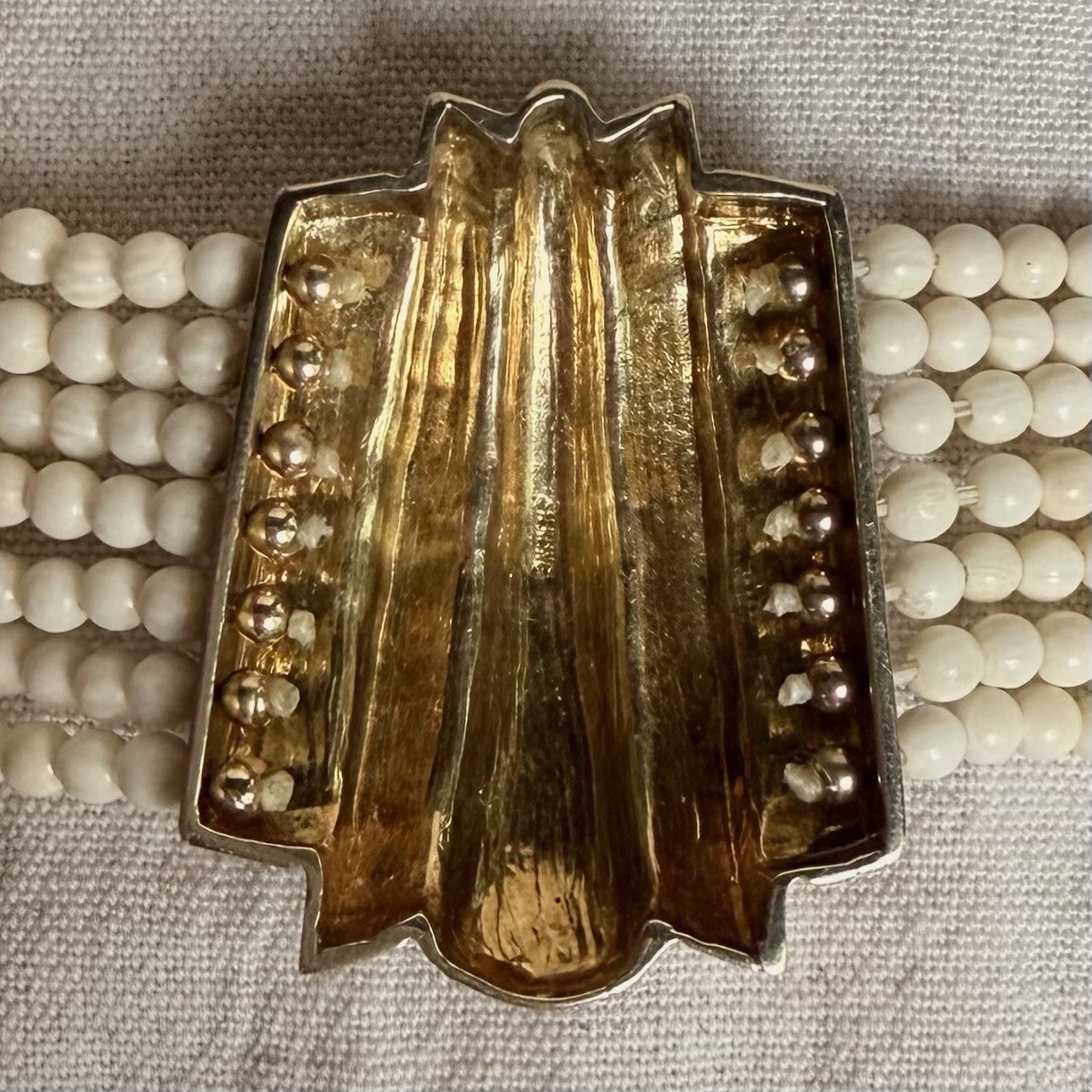 Vintage Gilt Sterling Bone Bead Multi Strand Modernist Necklace