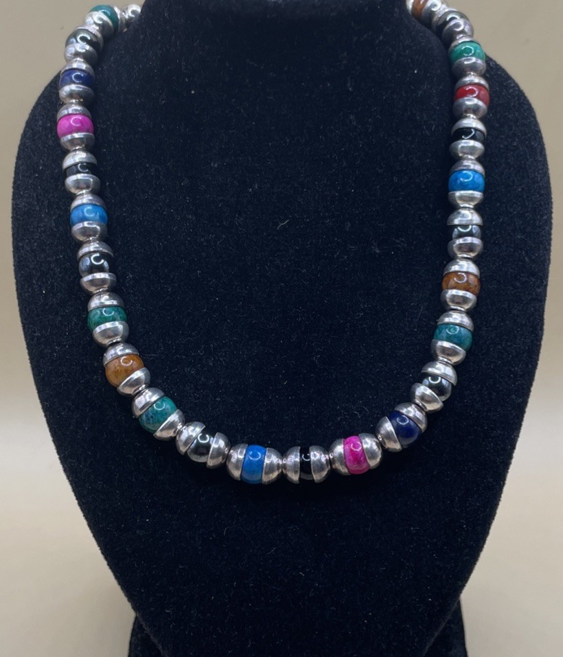 Taxco Mexico Assorted Gem Set Sterling Silver Necklace 22.5in (54.3g)