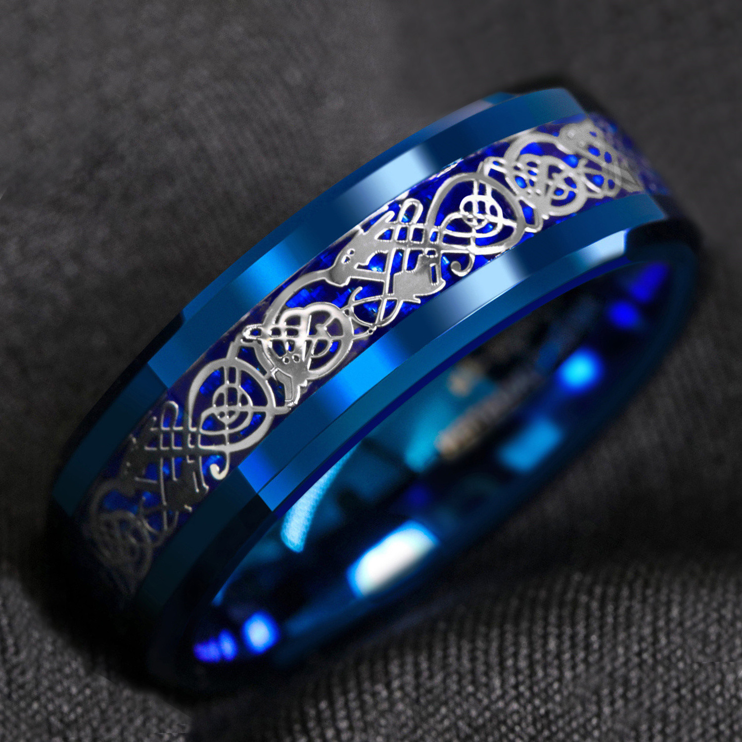 8mm Blue Tungsten Carbide Ring Celtic Dragon Carbon Fibre ATOP Men’s Jewelry